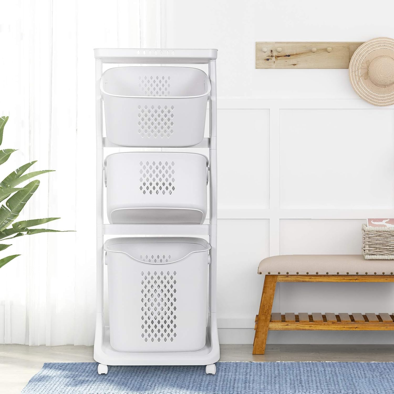 Cesto portabiancheria con 3 cesti rimovibili con ruote, 44 x 33 x 110 cm, bianco