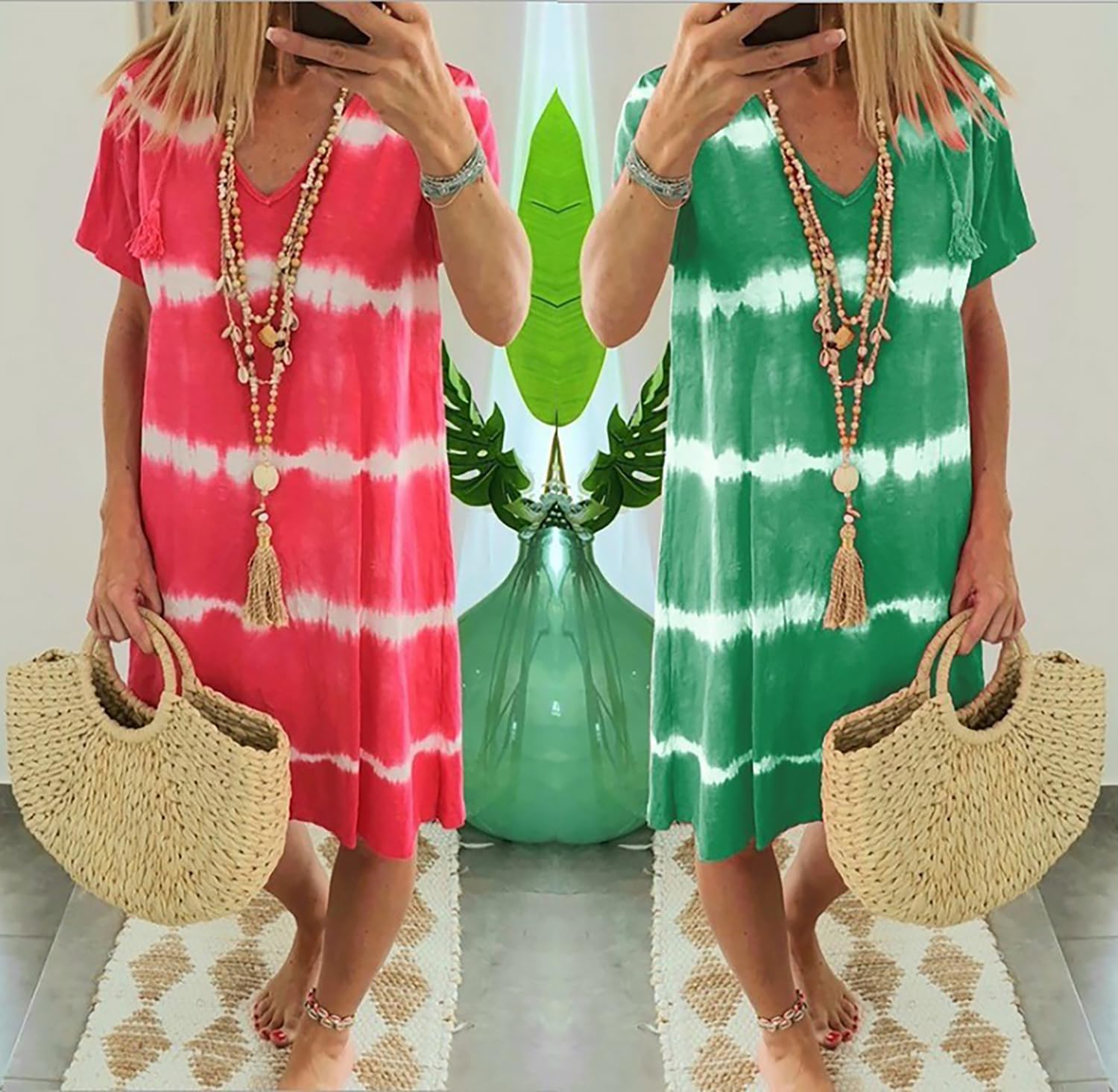 Tie-Dye a Righe Maniche Corte Sciolte T-Shirt Vestito,Tie Dye Vestito per Le Donne,Casual Spiaggia Scollo a V Abiti, WFFUO, G, XL
