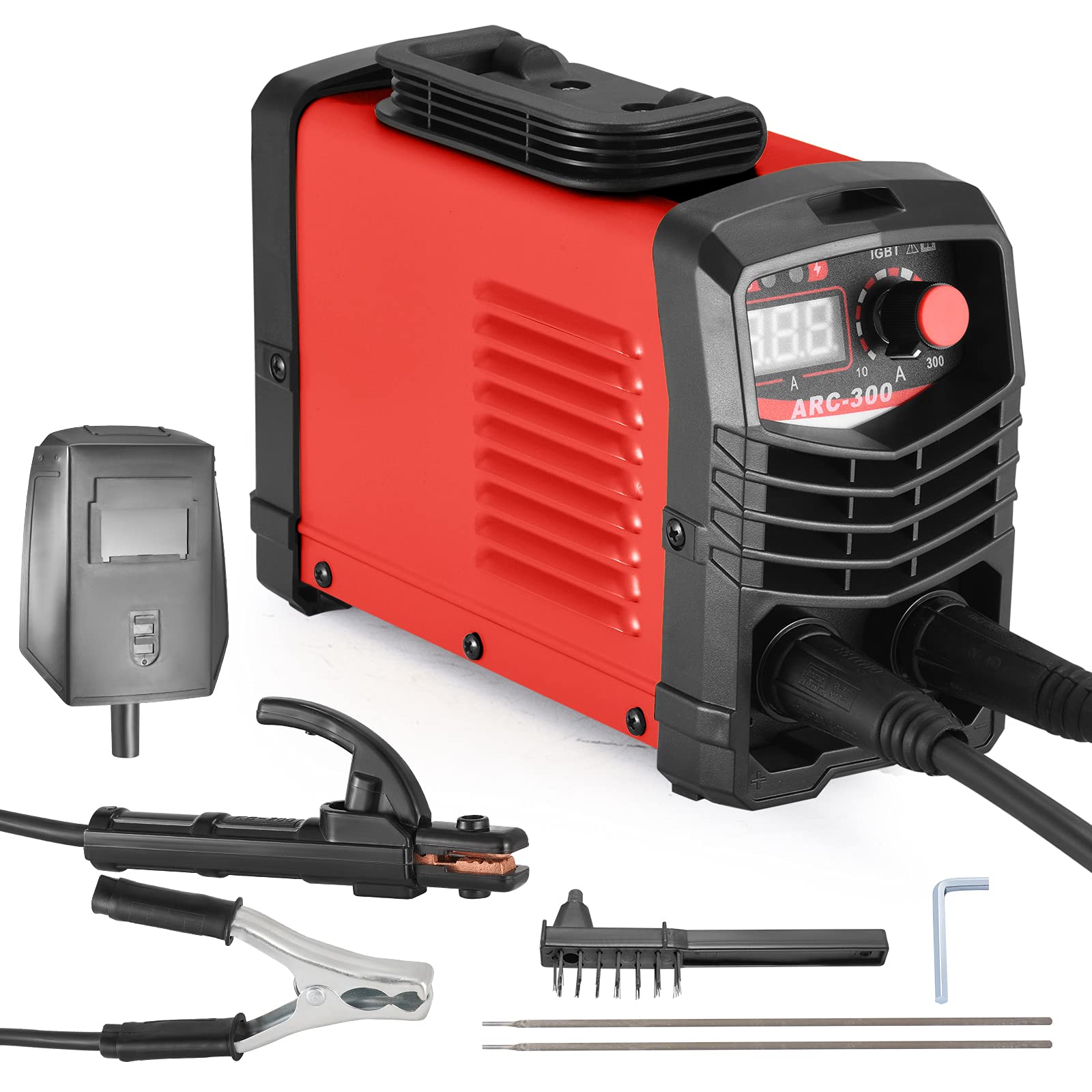 IGBT Inverter Schweißgerät 300A ARC MMA Elektroden Schweißgerät mit LCD Display tragbar 220V inkl. Schweißbrenner Masseklemme Schutzbrille Handschuhe Bürste und Stabelektroden-Rot