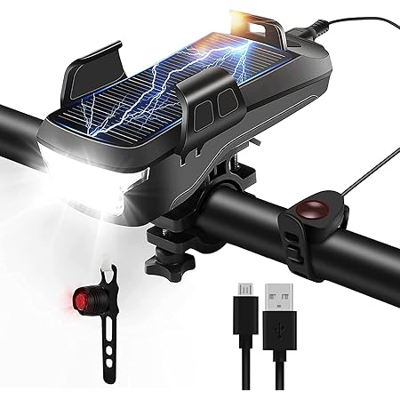 Amazon 自転車 ライト ソーラー充電式 一台4役 自転車用ヘッドライト 4000mah大容量 ロードバイク ライト モバイルバッテリー機能付き Ipx5防水 スマホホルダー ヘッドライト 高輝度 3つ調光モード 軽量 取付簡単 懐中電灯 ベル付き アウトドア 犬散歩 夜釣り 登山