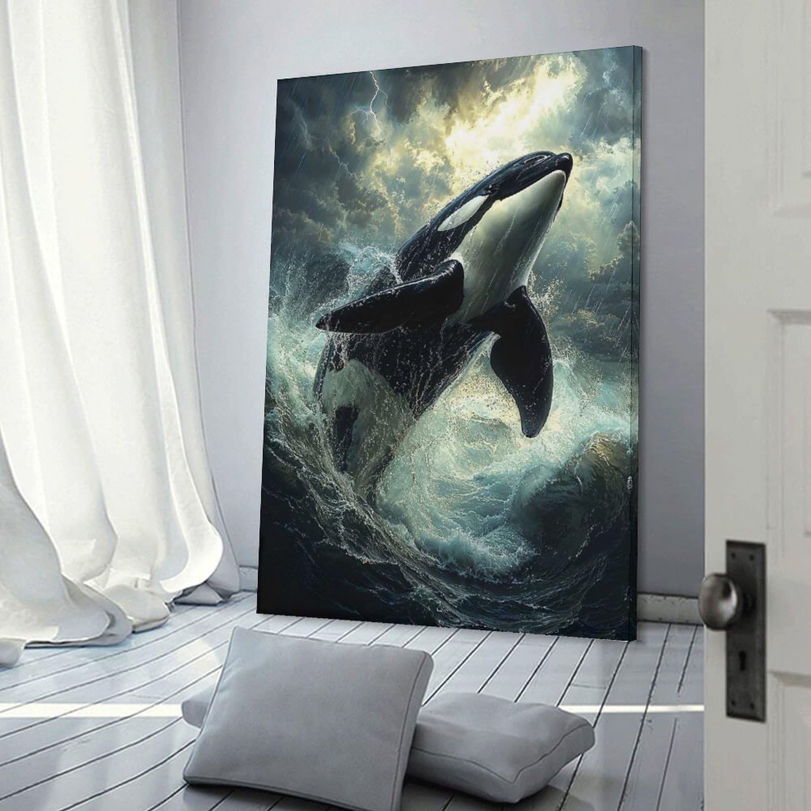 Junmoney Orca Leaping Storm Decorative Wall Artwork 24x36inch(60x90cm), for Front Hall, Corridor Or Welcome Spaces, Decorative Wall Art for Narrow Spaces