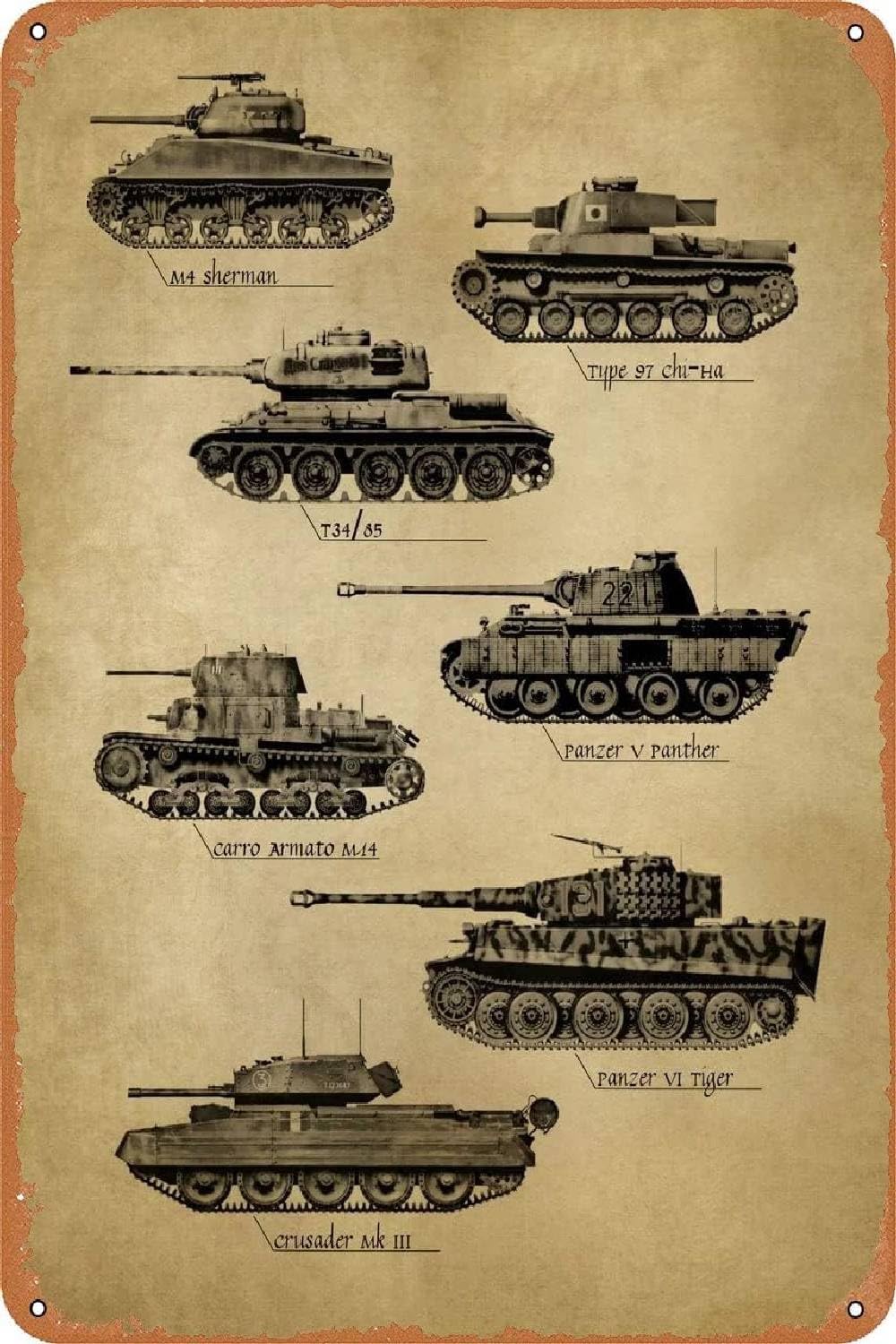 Retro WWII Tanks Metal Sign: Vintage ww2 Military Wall Decor Tin Signs - Great Gift for Military Enthusiasts - 8x12 inches