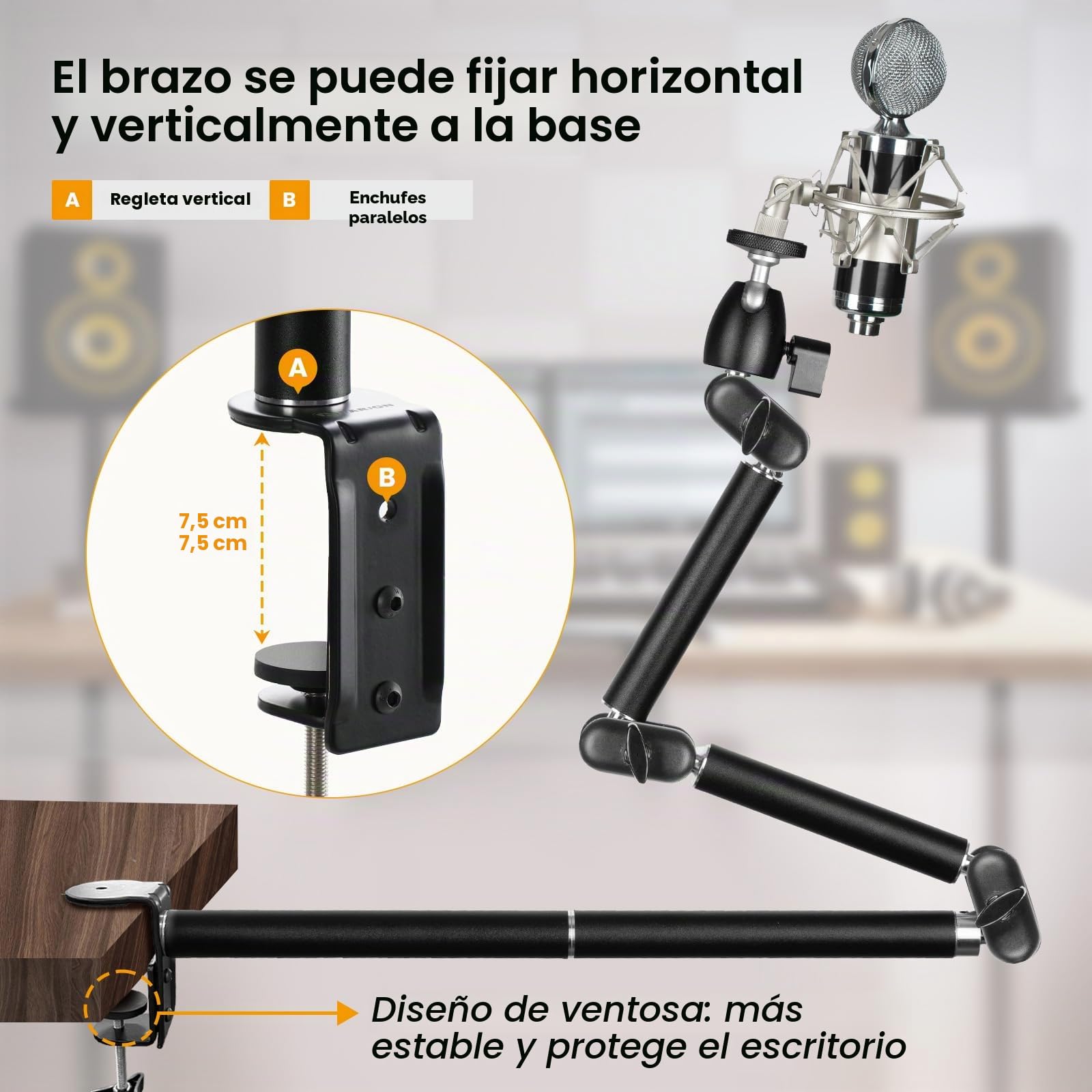 TARION Soporte Cámara Escritorio Articulado - Brazo Flexible 360° Estructura Acero - Carga 3kg Abrazadera en C - DSLR Proyector Luz Anular TKA01-L