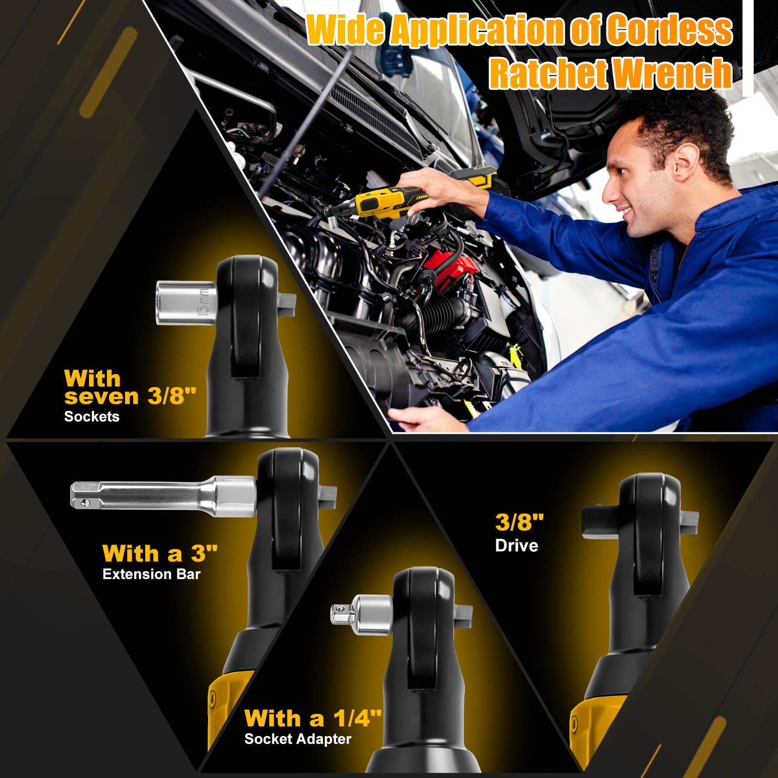 Chiave a cricchetto a batteria da 3/8", compatibile con batteria Dewalt da 20 V (senza batteria), 80 Nm, cricchetto elettrico brushless con adattatore da 1/4", asta di prolunga e 7 bussole
