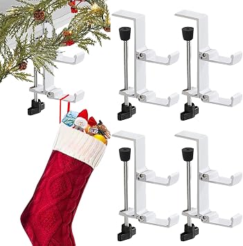 Stocking Hangers for Mantel,4 Pcs 2 in 1 Adjustable Fireplace Christmas Stocking Holder,No-Drill, Easy to Install Garland Hanger for Christmas Decorations,Fits 0.31-3.9Mantles White, 4