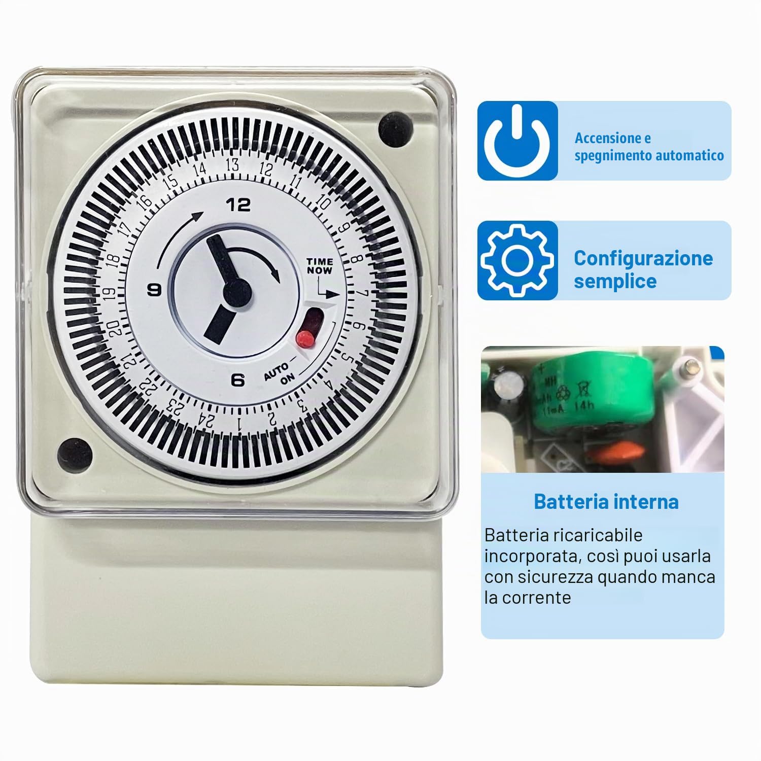 Transplant Timer Meccanico, 220-240V, 16A, 24 Ore, Analogico a Segmento per Luci, Riscaldatori, Piscine e Altri Elettrodomestici