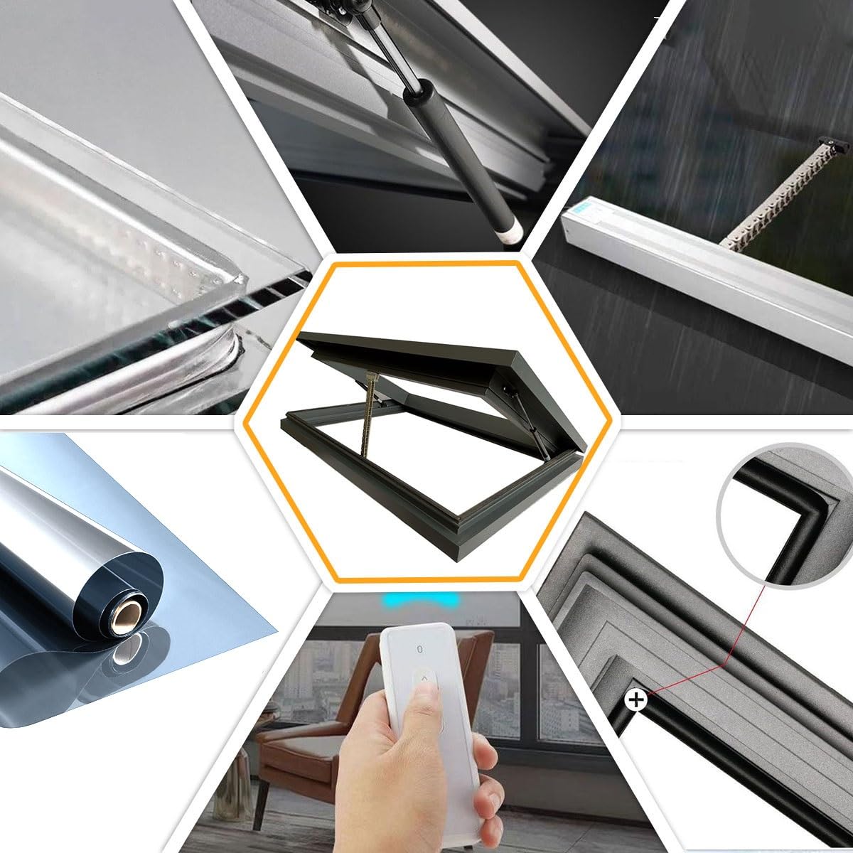 Claraboyas y ventanas de techo, claraboya de techo personalizada con elevación por gas, trampilla de techo de vidrio templado, control remoto y sensor de lluvia, claraboya para solárium y sótano(White