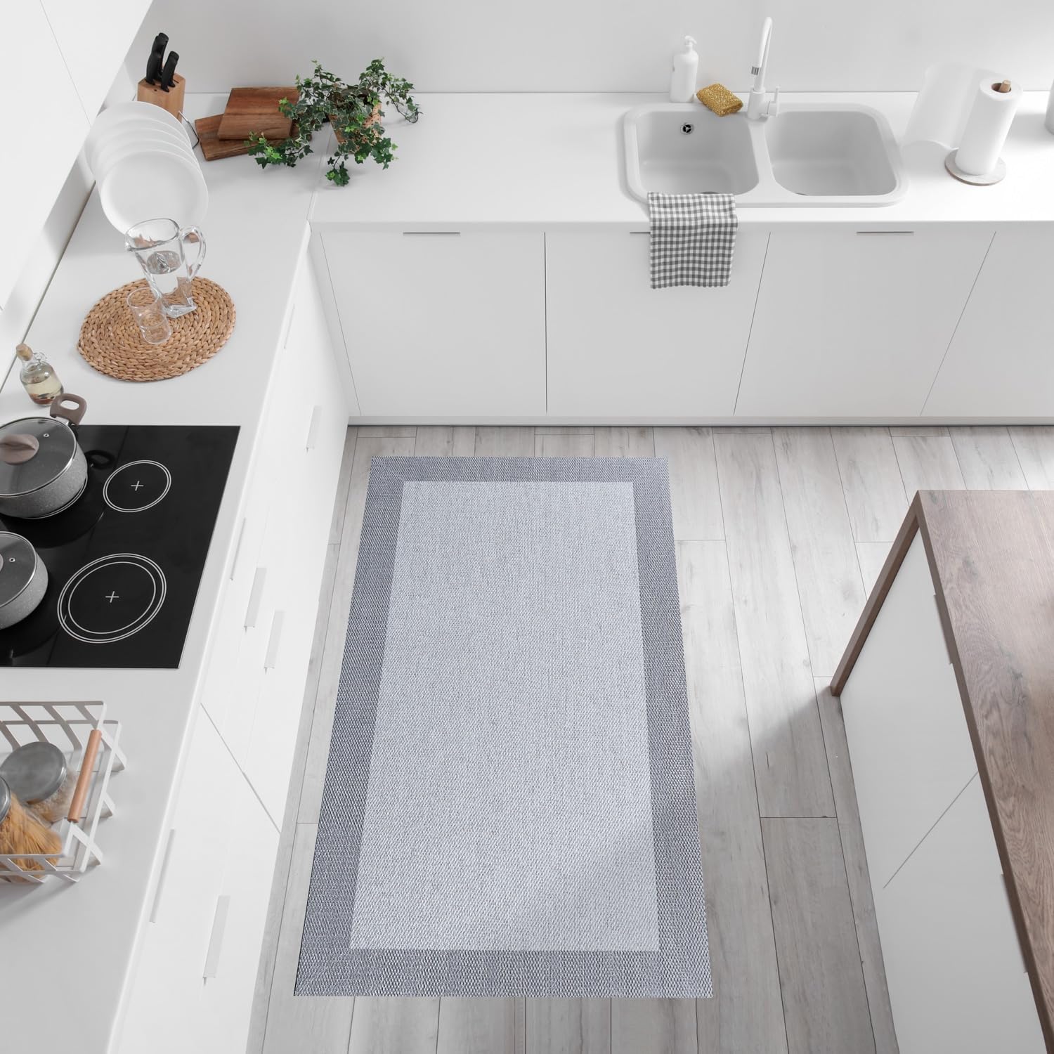 Tappeto Cucina vinile in tessuto Intrecciato Premium Lavabile, Antiscivolo, Antimacchia ed Extra Piatto. Tappeti Runner per Corridoio e Cucina di Massima Qualità Grigio con bordura 60x90 cm STORESDECO