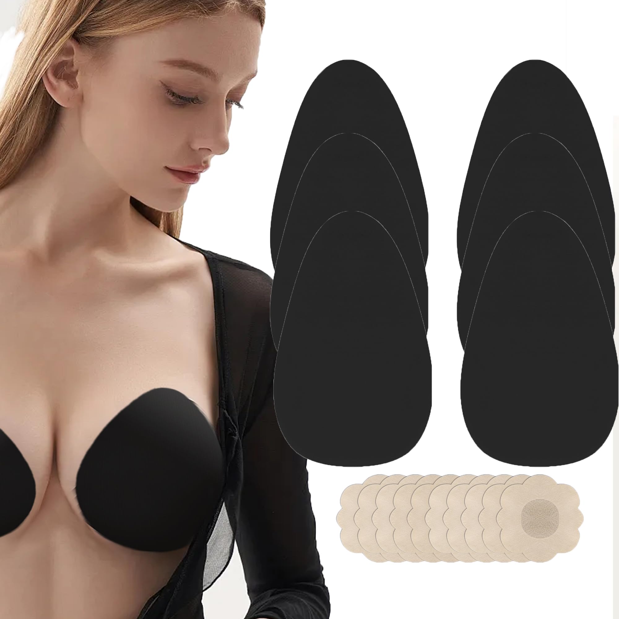 BEWTEIMAdhesive Bra Tape, Boobtape, 3 Pairs Push Up Sticky Boob Tapes for Large Breasts A-G Cup with Nipple Pasties