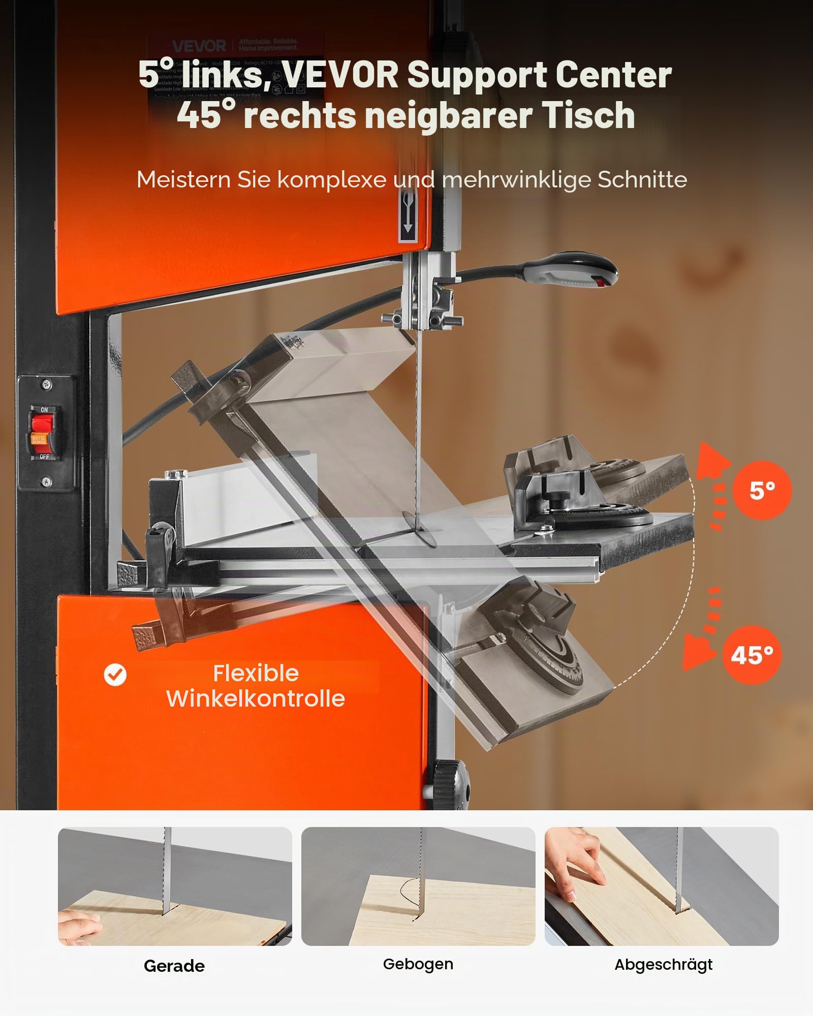 VEVOR Bandsäge, Schnittbreite 254 mm, Zweigang-Holzbandsäge mit 373-W-Motor (1/2 PS), Schnitthöhe 160 mm, 335x340 mm Gusseisentisch, mit 360°-Arbeitsleuchte, Gehrungsanschlag, Parallelanschlag