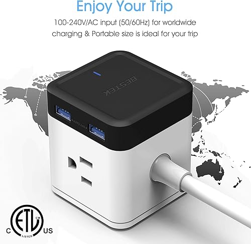 Miniatura 2 de BESTEK Regleta de alimentación con USB, enchufe múltiple con 3 tomacorrientes, 4 USB, cable de extensión de 5 pies, torre protectora de