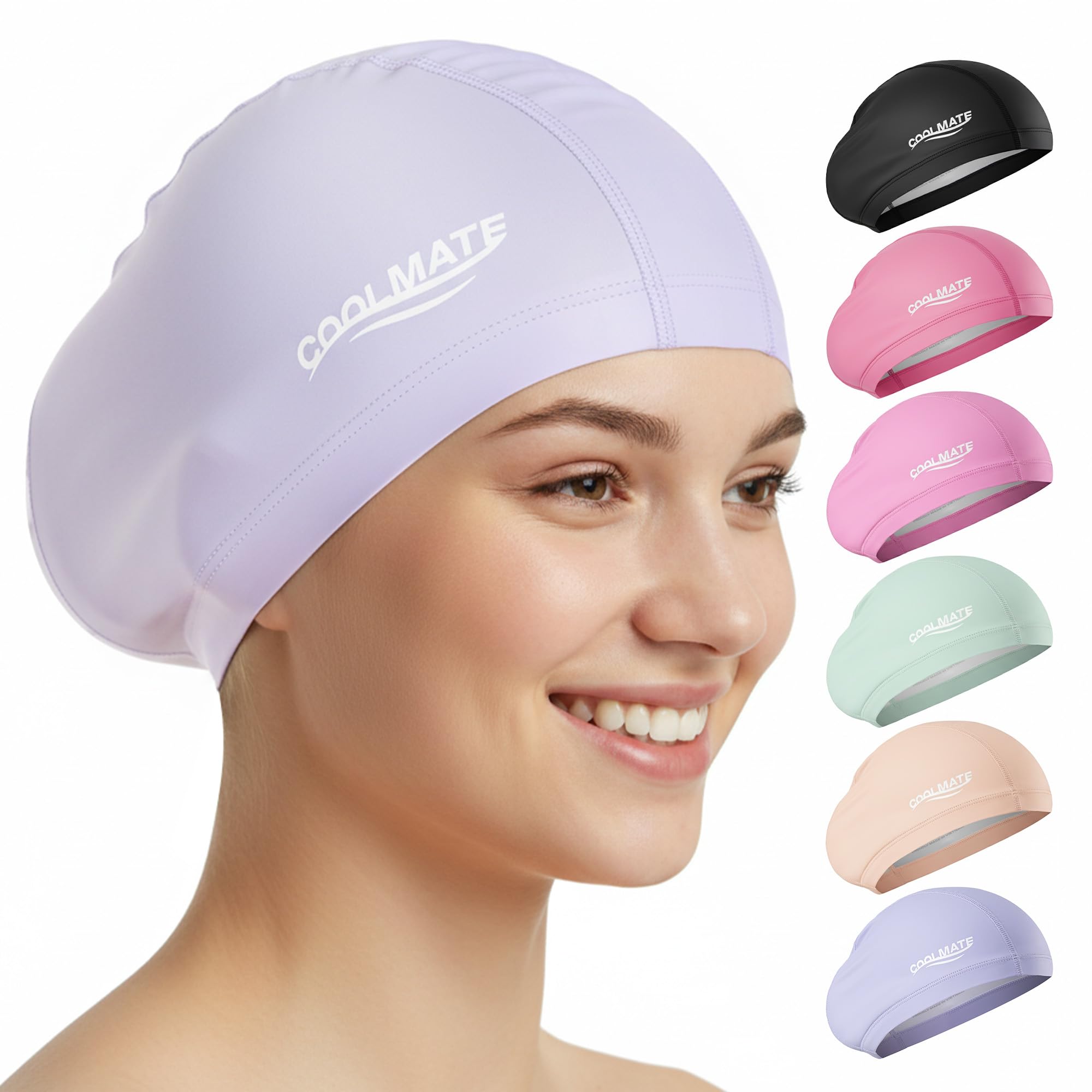 COOLMATE Wonmen Swim Cap for Long Hair (Light Pink, M) (Light Purple, S)
