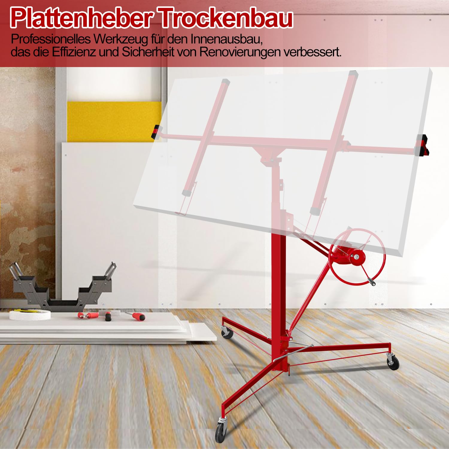 Plattenheber Trockenbau 68 kg Traglast,Rot XXL 140 cm -350 cm Arbeitshöhe, max. 290 cm Lastarmbreite, höhenverstellbar