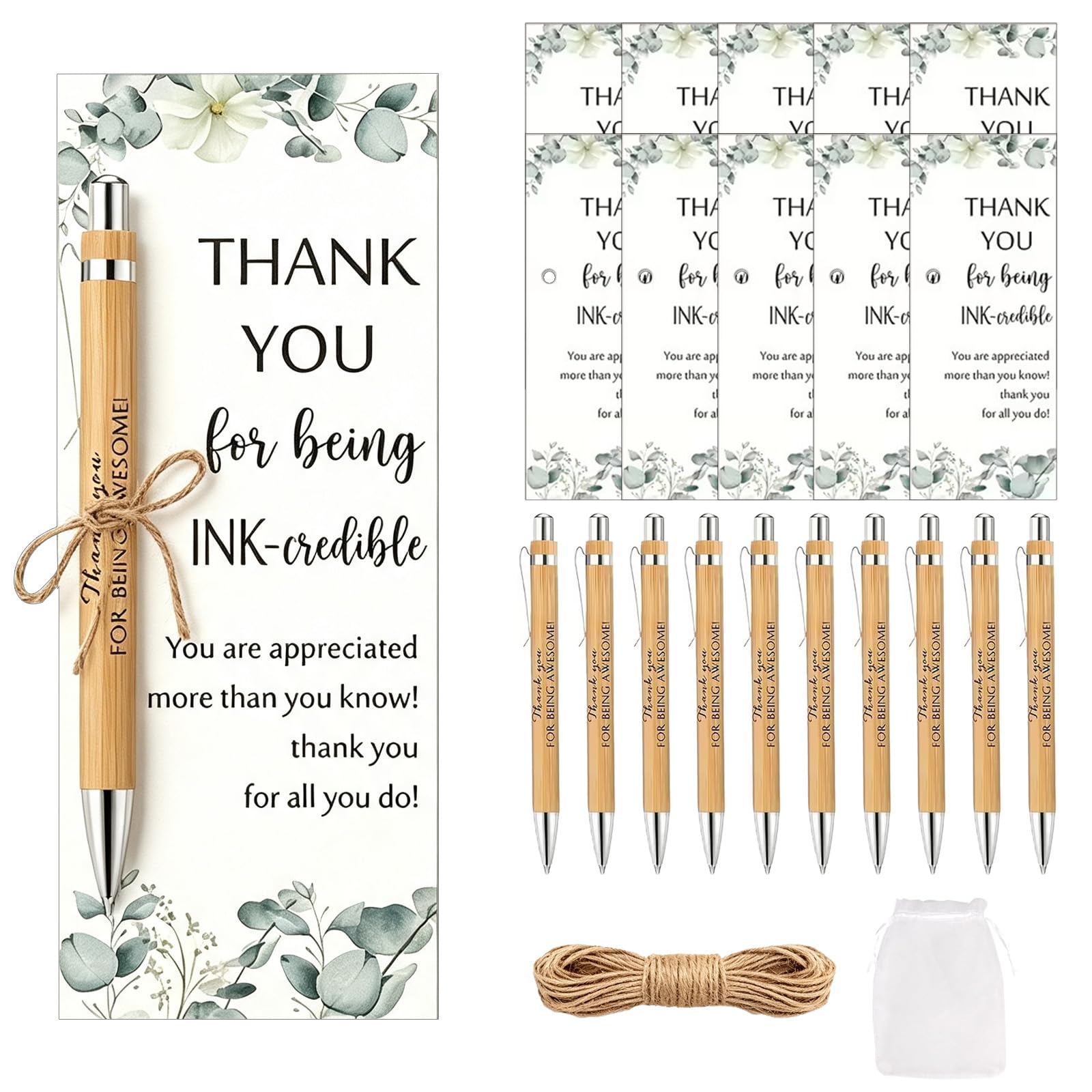 Gdrghe 10 Sets Thank You Gift, Motivational Bamboo Ballpoint Pens - Inspirational Quote Pens with Thank You Cards & Organza Bags, Bulk Thank You Gifts for Colleagues, Teachers, Nurses, Volunteers