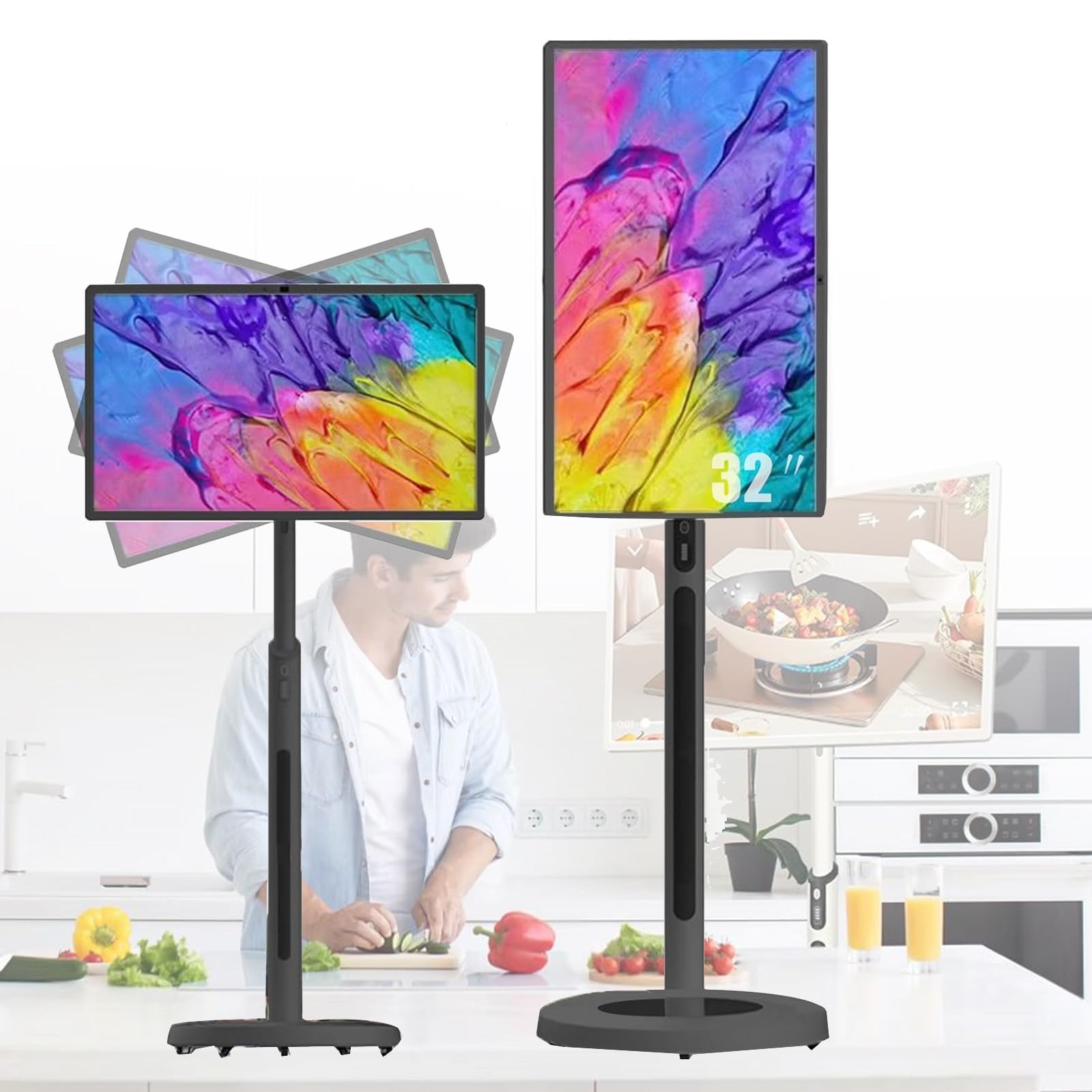 Televisor inteligente portátil inalámbrico con ruedas de 32 pulgadas, televisor con pantalla táctil y tableta en uno, con cámara HD de 13 MP, Android 13, batería de 4 a 6 horas, 8 GB + 128 GB Black