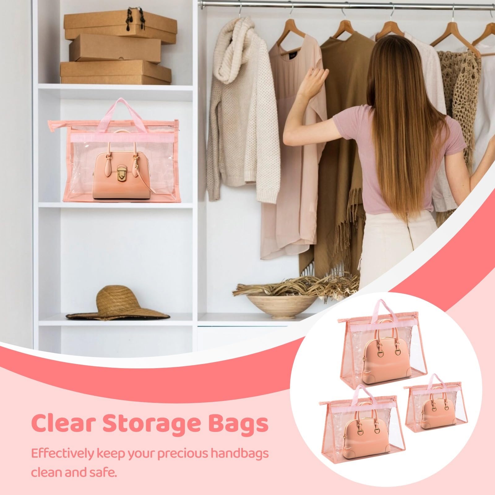 15 bolsas de polvo para bolsos, organizadores de almacenamiento transparentes en 3 tamaños, fundas de bolso con cremalleras y asas, protectores de bolsos colgantes para almacenamiento en el armario