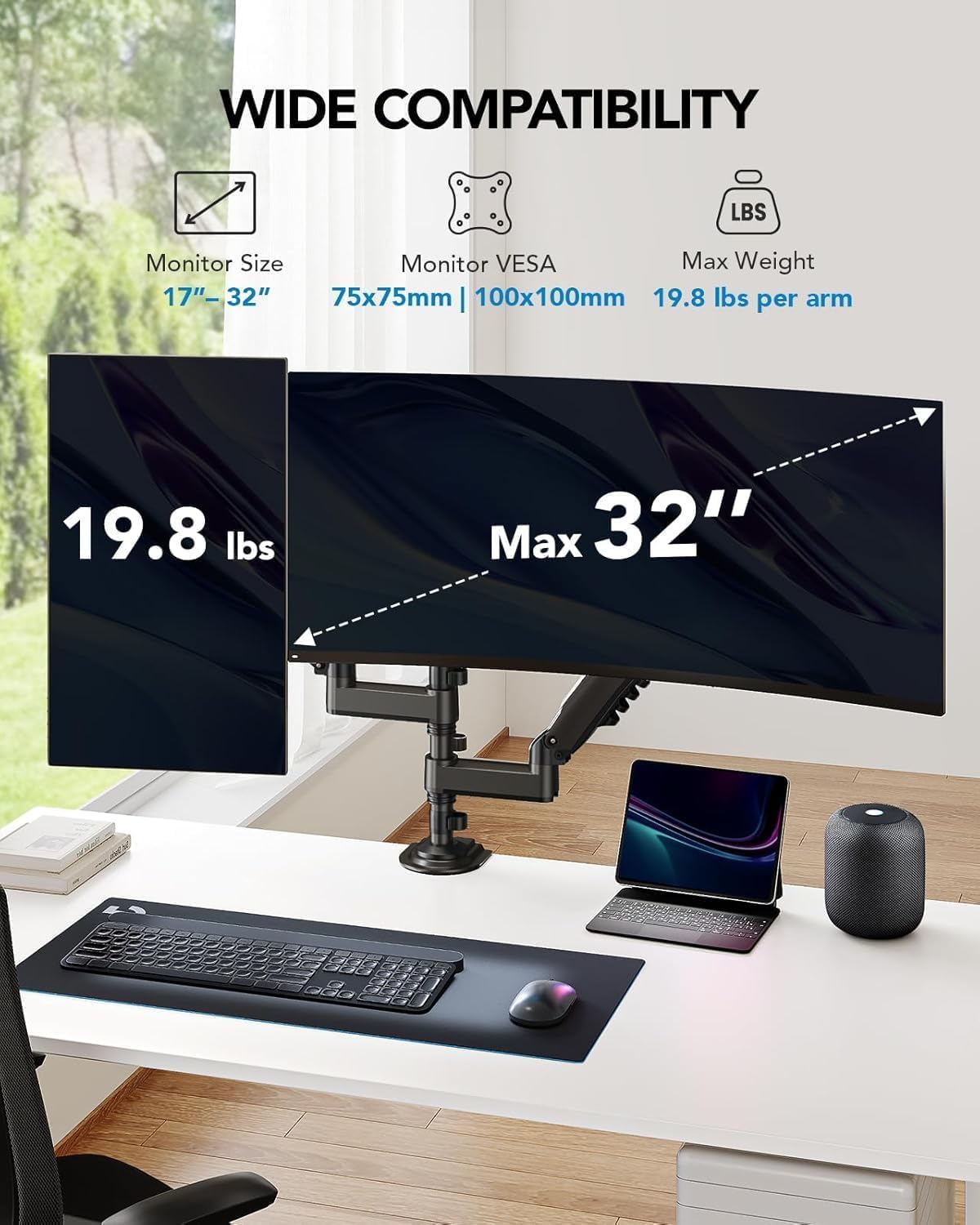 HUANUO 13”-32” Soporte de Monitor 2 Monitores, Pantalla Ergonómico Ajustable en Altura 2 Monitores, Inclinación,Giro,Peso máximo 9KG VESA 75/100