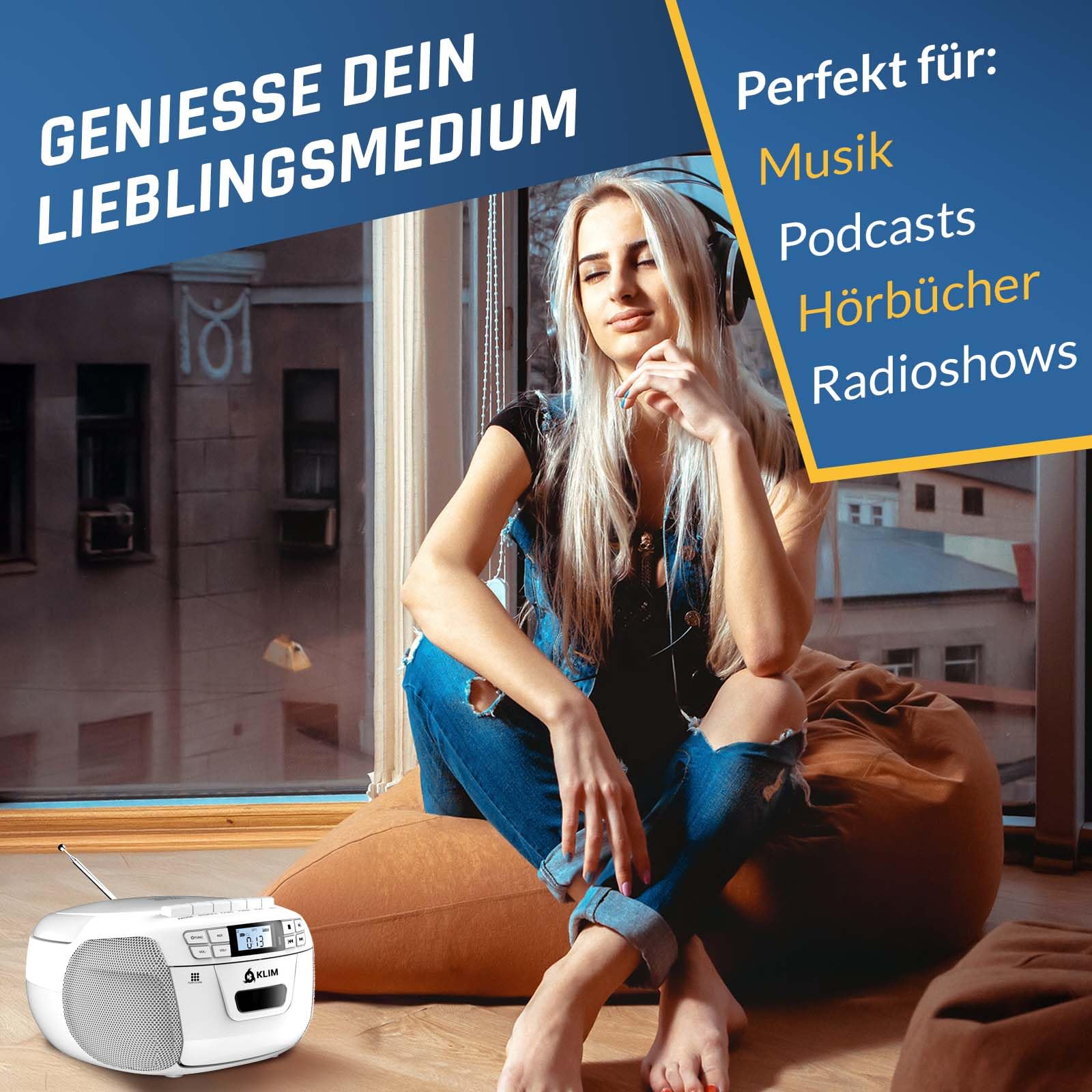 KLIM CD Player mit Kassette, Kassettenspieler, Kassettenrekorder, Radio mit CD und Kassette, CD Player mit Radio & USB, Bluetooth CD-Player, AM/FM Radio, Netz- und Batteriebetrieb - Weiß