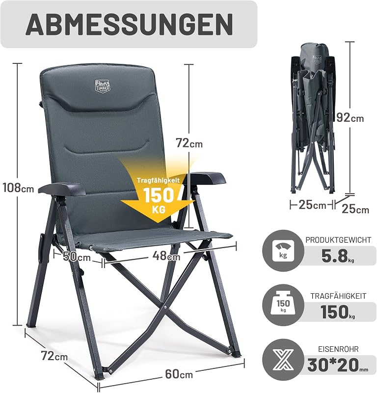 TIMBER RIDGE Összecsukható Camping Szék 150kg Terhelhetőség 4 Pozíciós Alumínium Kempingszék Táskával