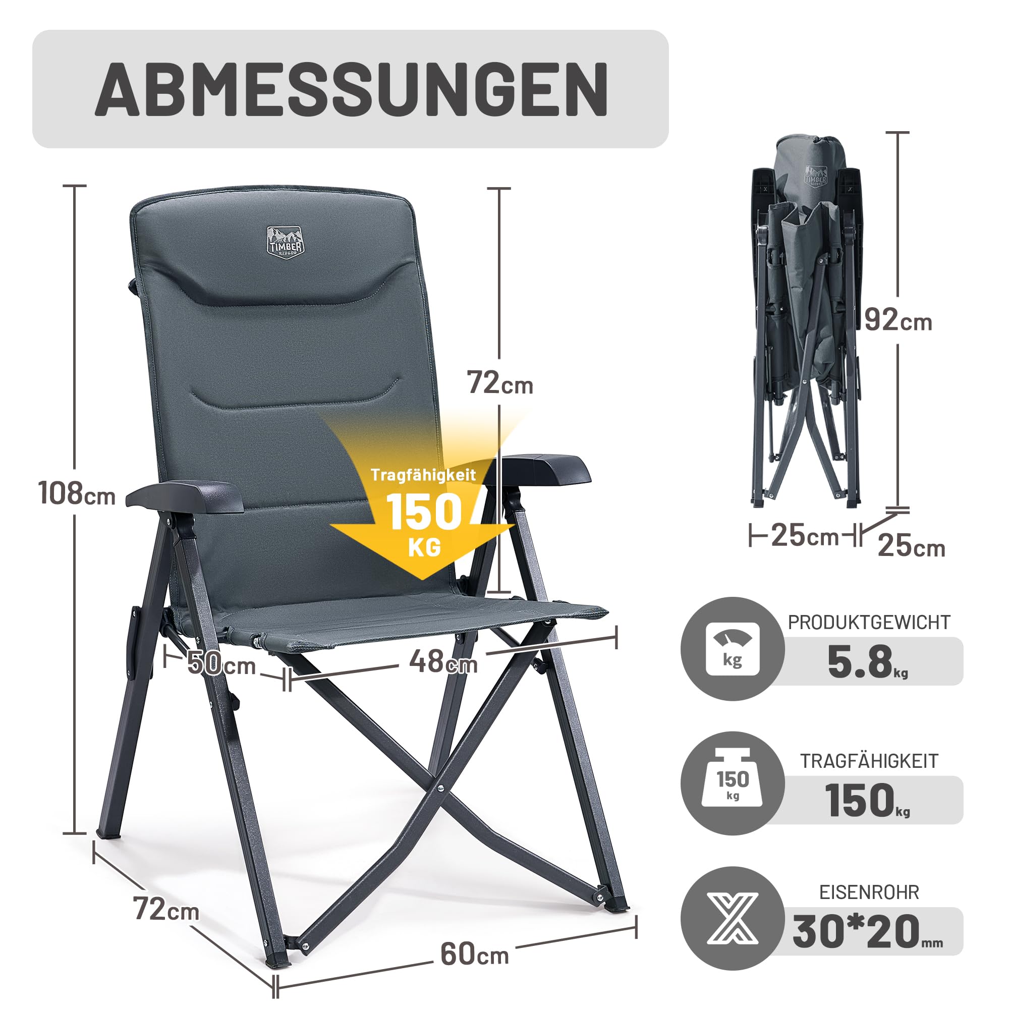 TIMBER RIDGE Campingstuhl Faltbar Hohe Lehne Kleines Packmaß Klappstuhl Camping 150kg mit 4 Positionen verstellbar mit Tasche Liegestuhl Alu für Garten Balkon Wohnmobil