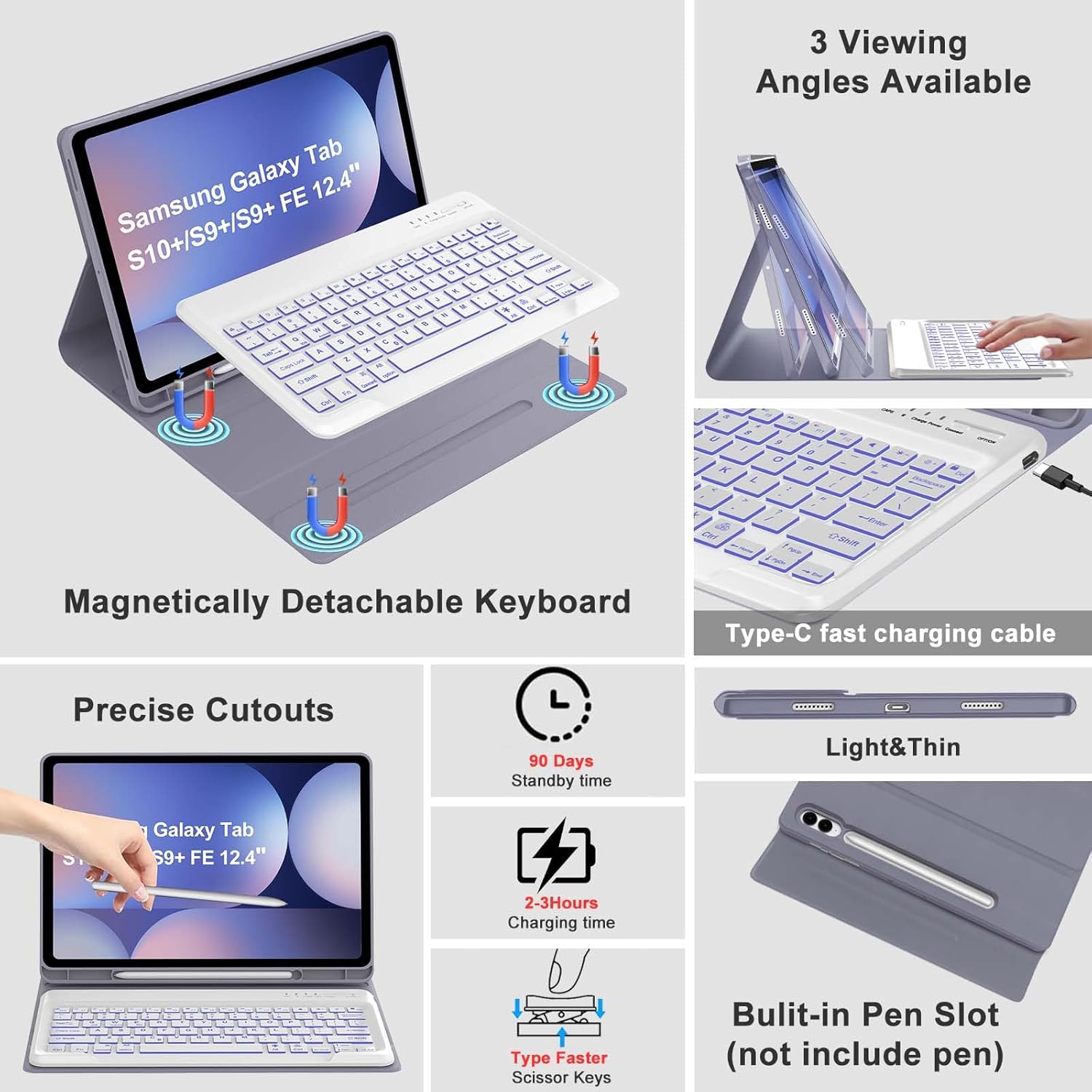 Backlit Keyboard with Tablet Case for Samsung Galaxy Tab S10+/S9 +/S9 FE+ 12.4 inch,7-Color Backlit,Detachable Keyboard Case with S Pen Holder for S10 Plus/S9 Plus/S9 FE Plus(Lavender Purple)