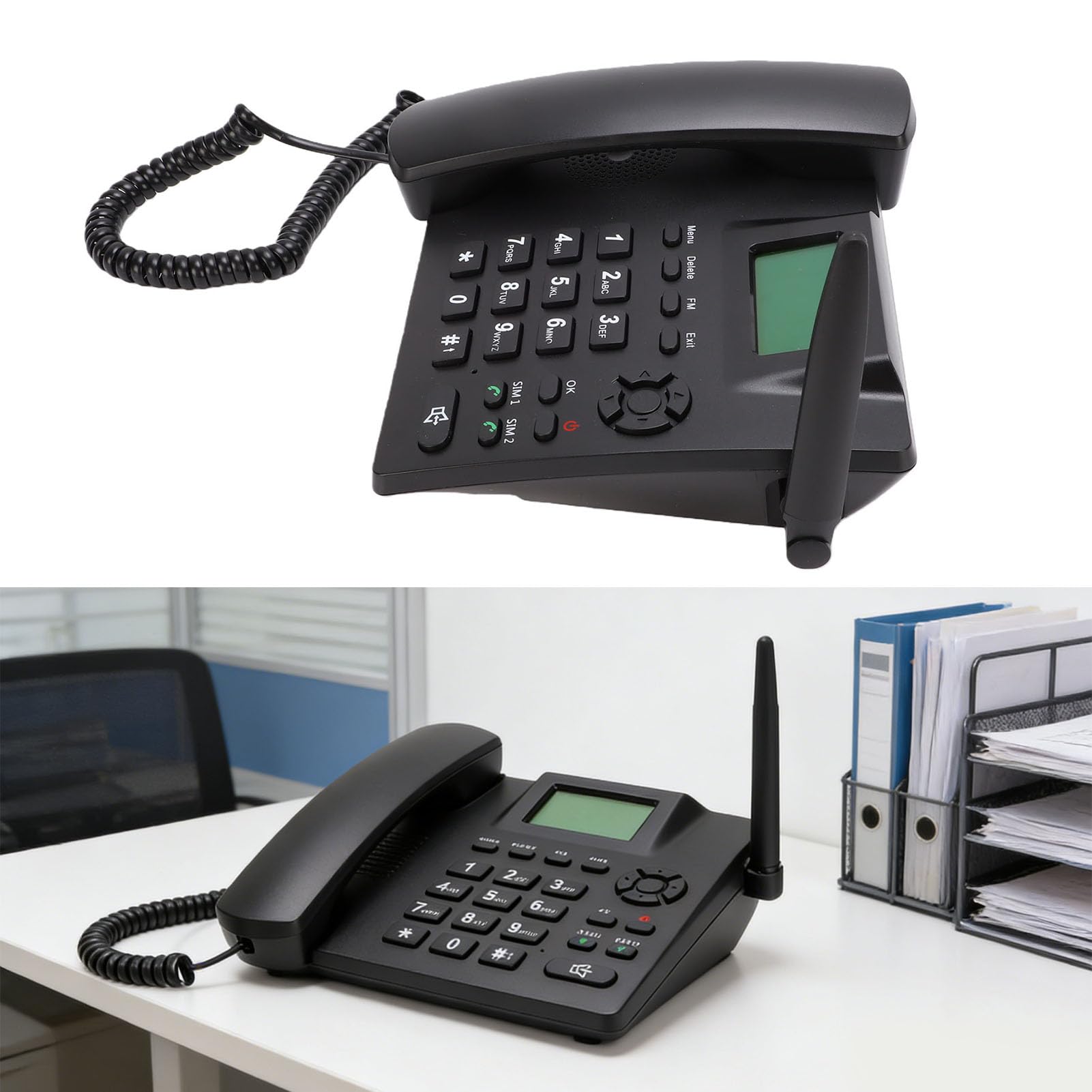 Telefono fisso cordless Dual SIM GSM 2G, nero | Telefono da scrivania con batteria integrata da 1200 mAh e funzione sveglia, rubrica da 500 contatti, ideale per la casa