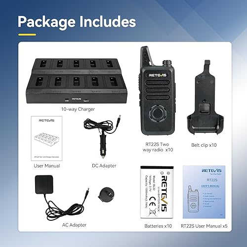 Miniatura 9 de Retevis RT22S Walkie Talkies para adultos, radios FRS portátiles bidireccionales (paquete de 10) con cargador de 10 vías, radio de mano de 2 vías