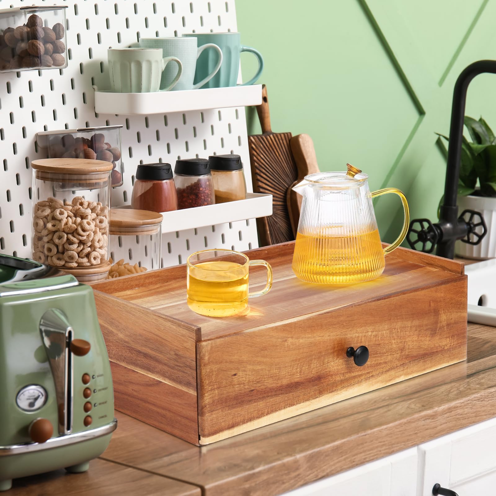 Organizador de bolsas de té de madera de acacia, organizadores de té y caja de almacenamiento, organizador de té para cajón de almacenamiento de bolsas de té, cajas de contenedor para encimera de