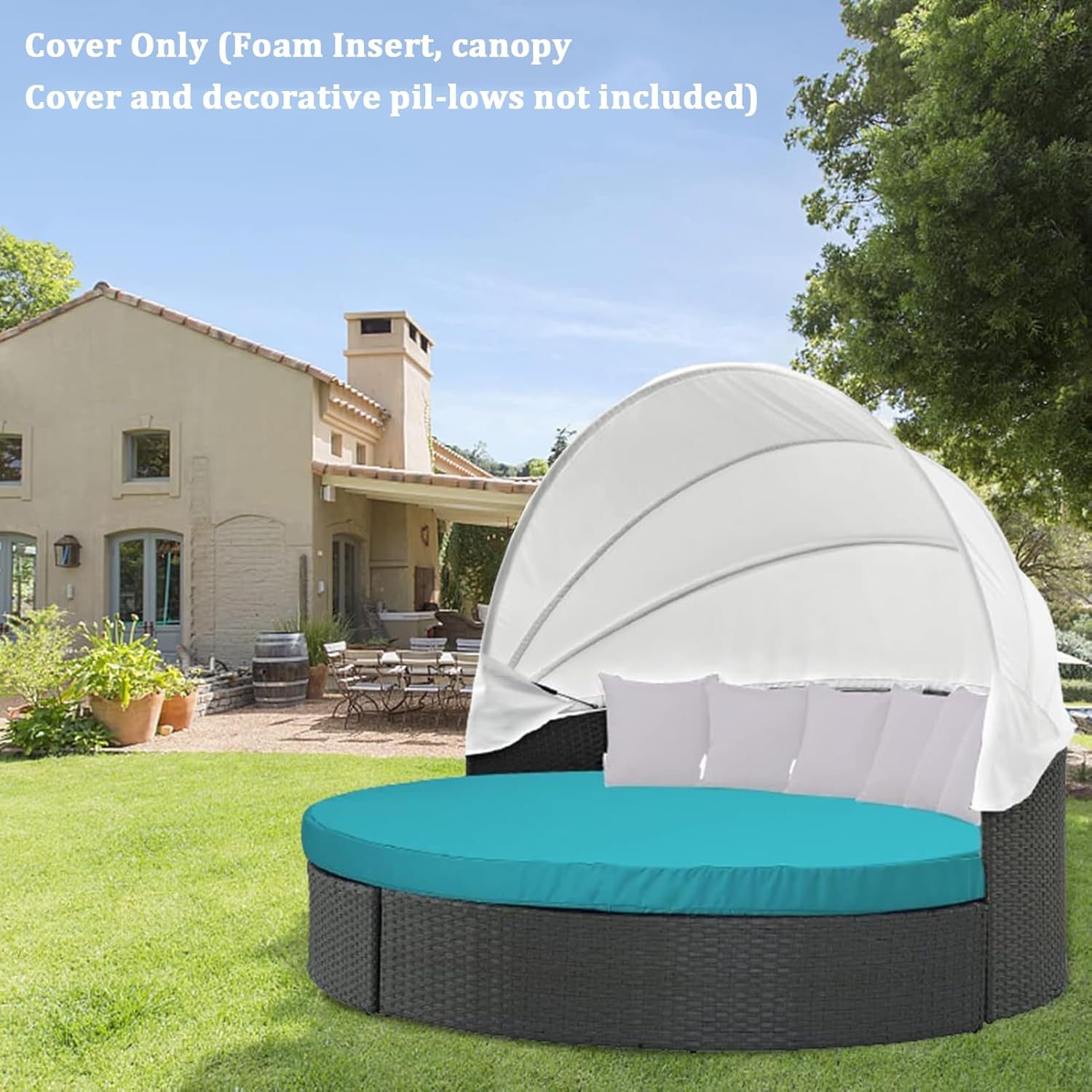 Round Daybed Cushion Cover – Waterproof Outdoor Replacement Cover for Patio Sunbed, UV Resistant Protector for Round Mattress (Cover Only) (Blue Green)