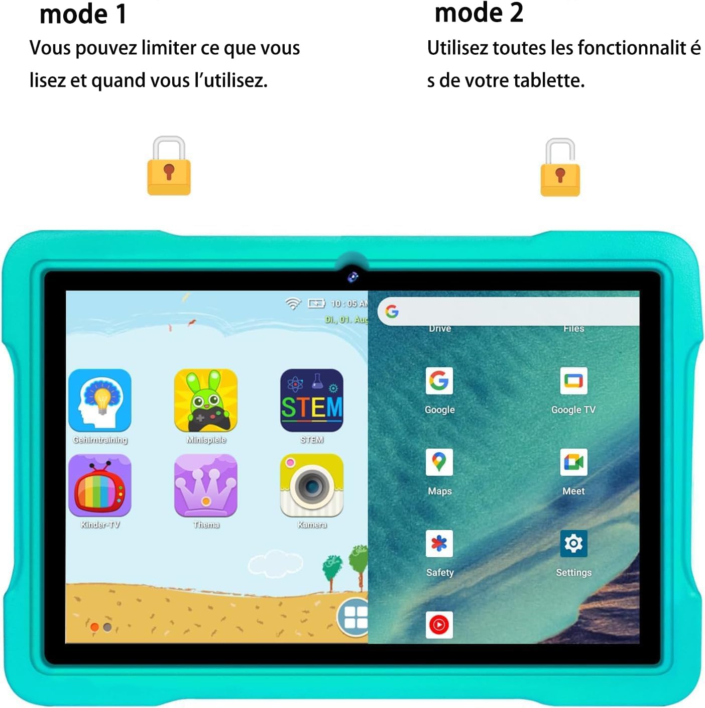 fezawio - Tablet para niños de 10 Pulgadas, Android 13, 12 GB (6 + 6) RAM 128 GB ROM Extensible a 512 GB | Control Parental | Educación de los niños | Cámara Dual | 5G WiFi | Eva Cover - Verde — view 3