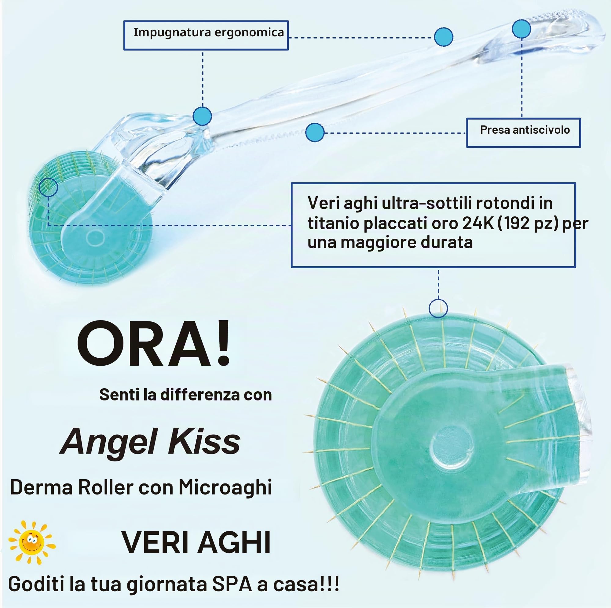 Angel Kiss Derma Roller 0,5 mm aghi veri – 192 singoli aghi in titanio – Rullo per microneedling per viso, corpo, barba, cuoio capelluto e cura della pelle
