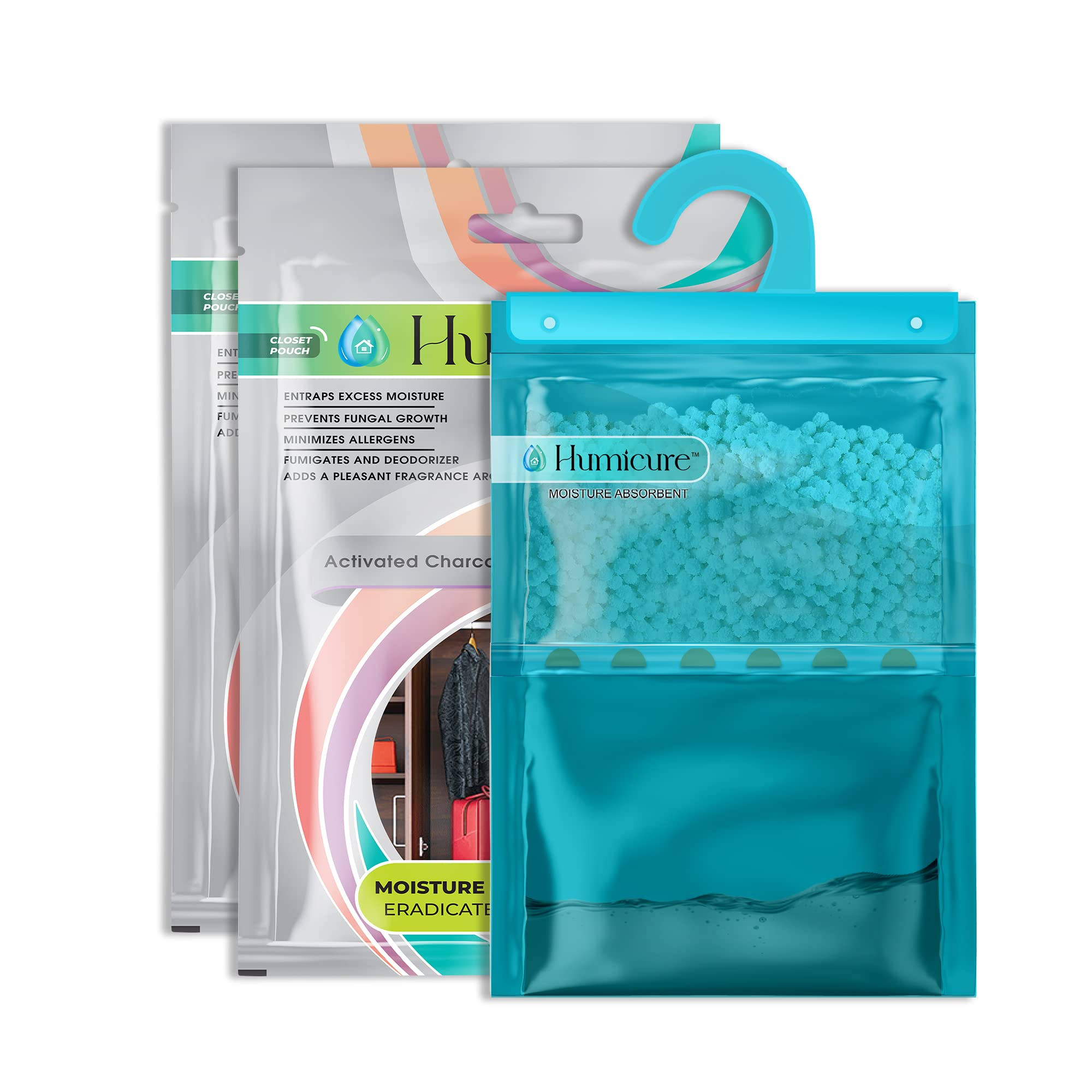 Humicure Moisture Absorber Dehumidifier Hanging Bags with 1 Litre Absorption Capacity for Wardrobe, Bathroom, Kitchen and Bedroom; Prevents Mould & Fungus (Pack of 2, 400gram each, Activated Charcoal)