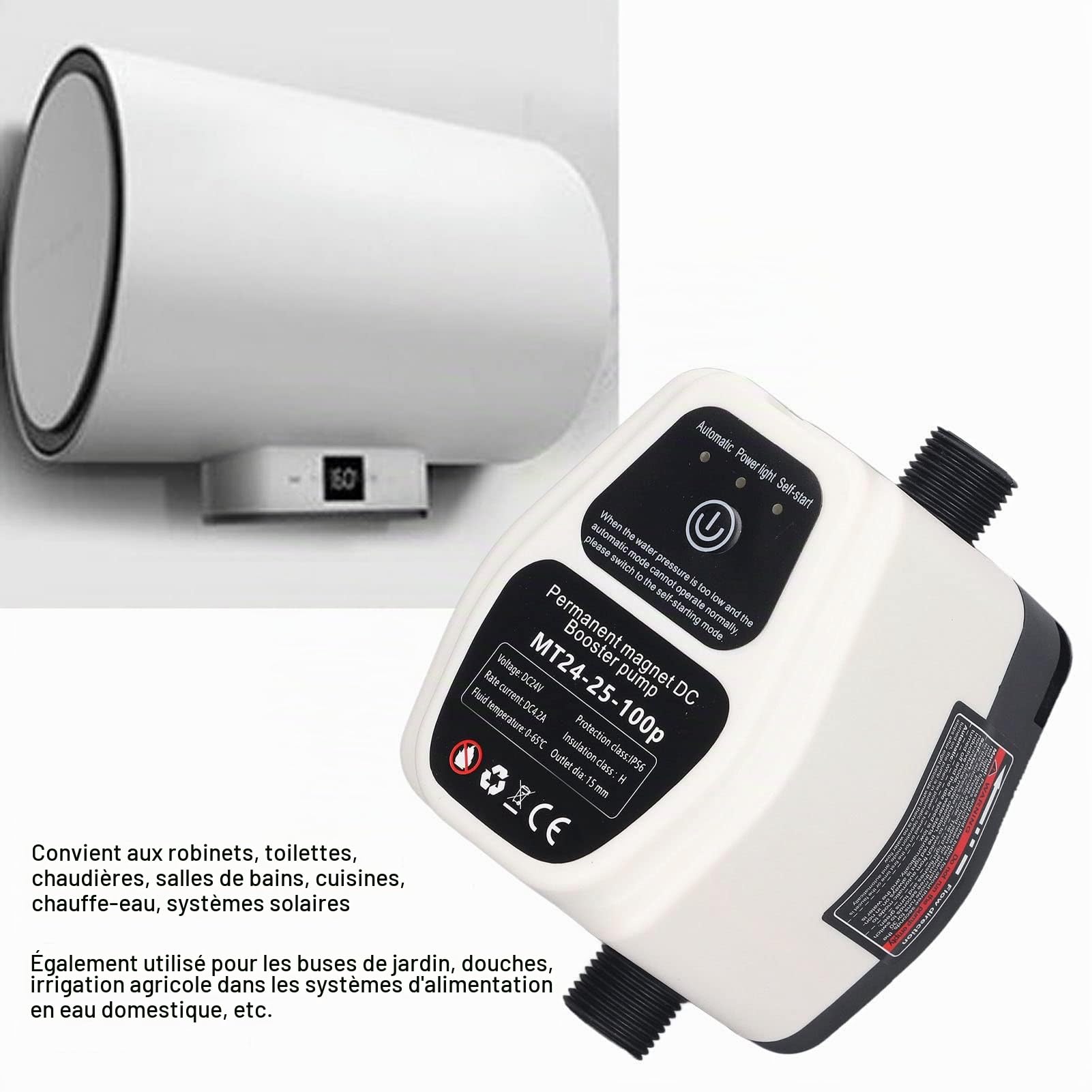 Pompe de Surpression Eau Silencieuse Automatique 24V 100W pour Douche et Ménage Réservoir 25L Boosteur Pression D'eau Domestique