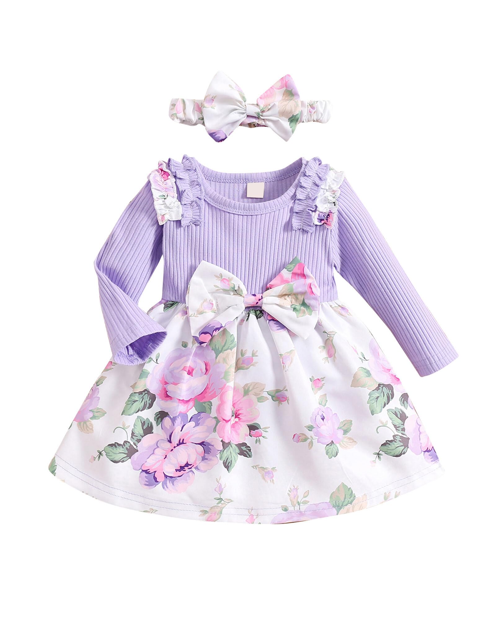 Borlai Bebé Niñas Ropa Conjunto Manga Larga Volantes Vestido Floral Impreso Lazo Falda Mono Onesie Conjunto