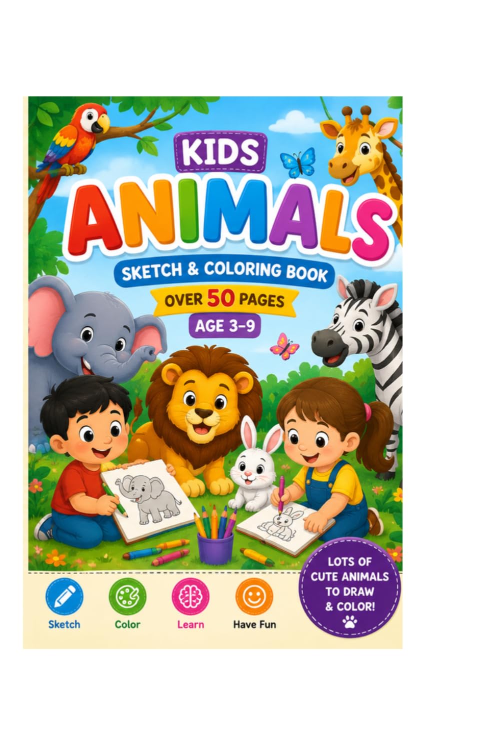 Animal Sketch & Colouring Book for Kids - Age 3-9, over 50 pages: Draw, Colour & Discover Amezing Animals