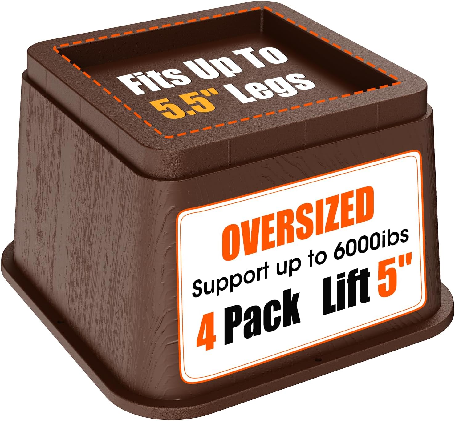 Bed Risers 5 Inch, Oversized Fit Up to 5.5" Legs, Heavy Duty Support 6000lbs, Stackable Bed Raising Blocks Furniture Sturdy Bed Lifts for Couches, Tables, Desk(Brown, 5 inch-4 Pack) 5 inch-4 Pack Brown