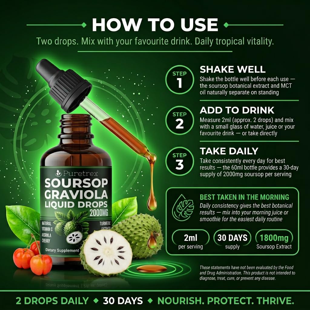 Soursop Graviola Liquid Drops 2000mg, with Acerola Cherry, Turmeric Extract and Black Pepper Extract, 60mL (2 fl oz)