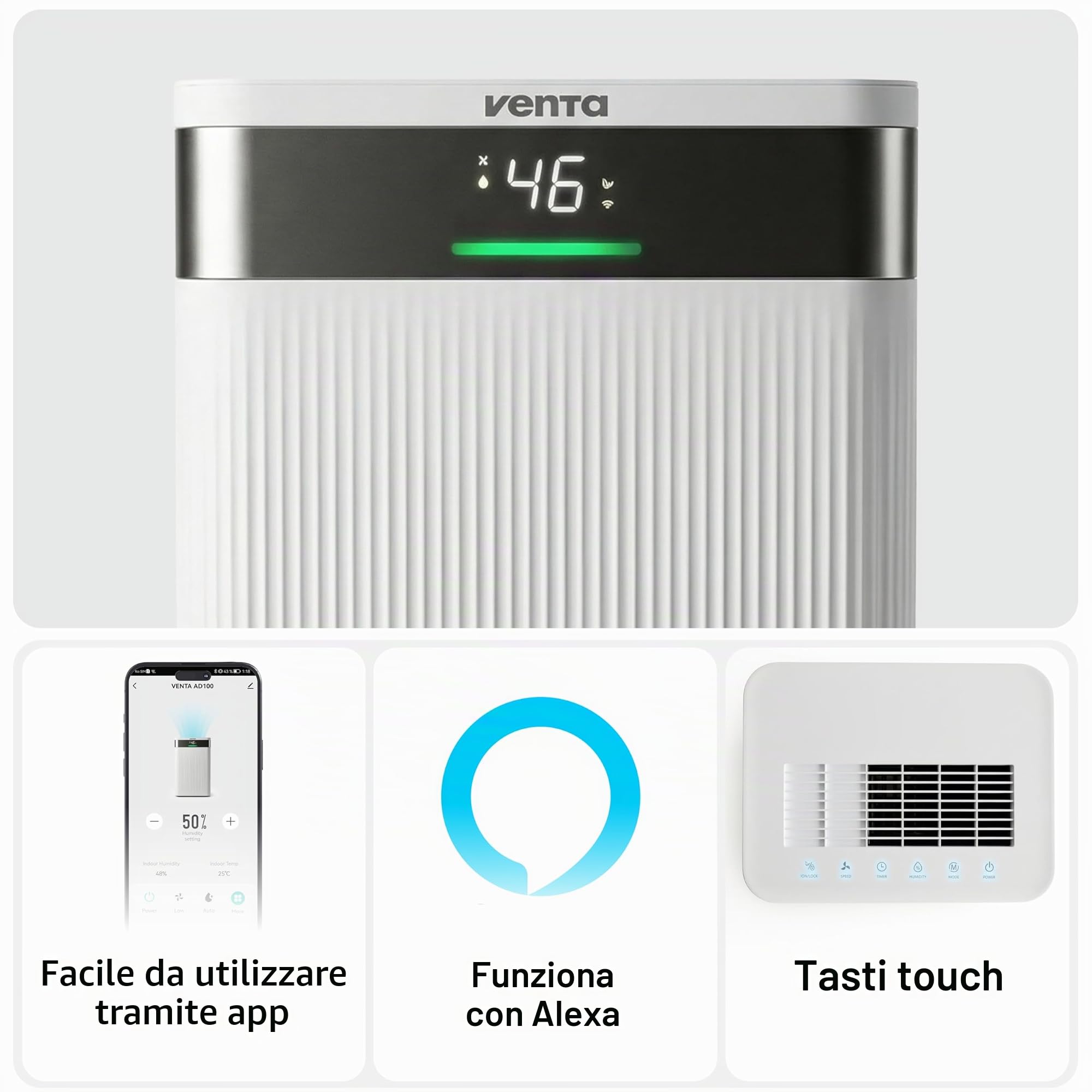 Venta AD100 - Deumidificatore con funzione ionizzatore, 20 l/giorno, serbatoio da 4,5 l, per ambienti fino a 40 m²/100 m³, controllo automatico dell'umidità, modalità lavanderia, R290