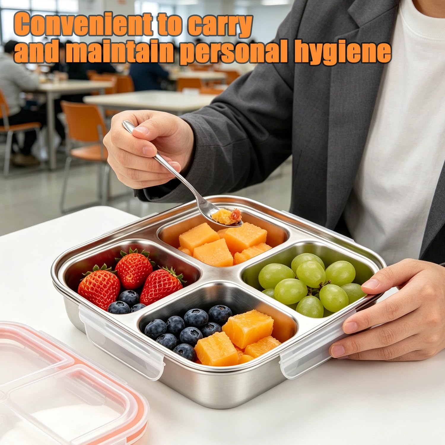 2 szt. lunchboxów z 4 przegródkami, 600 ml stal nierdzewna, szczelne bento boxy z pokrywką, wielokrotnego użytku, do szkoły, pracy i na camping