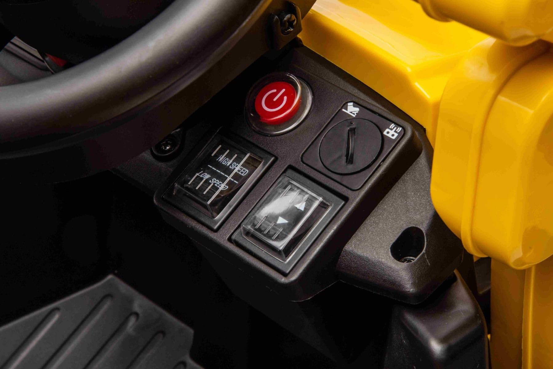 Lizensierter Caterpillar Elektrobagger mit Hang- und Grabschaufel, Einzelsitz, Gelb, USB-Anschluss am MP3-Player, Heckantrieb mit 2 x 30W Motoren und Lithium-Batterie