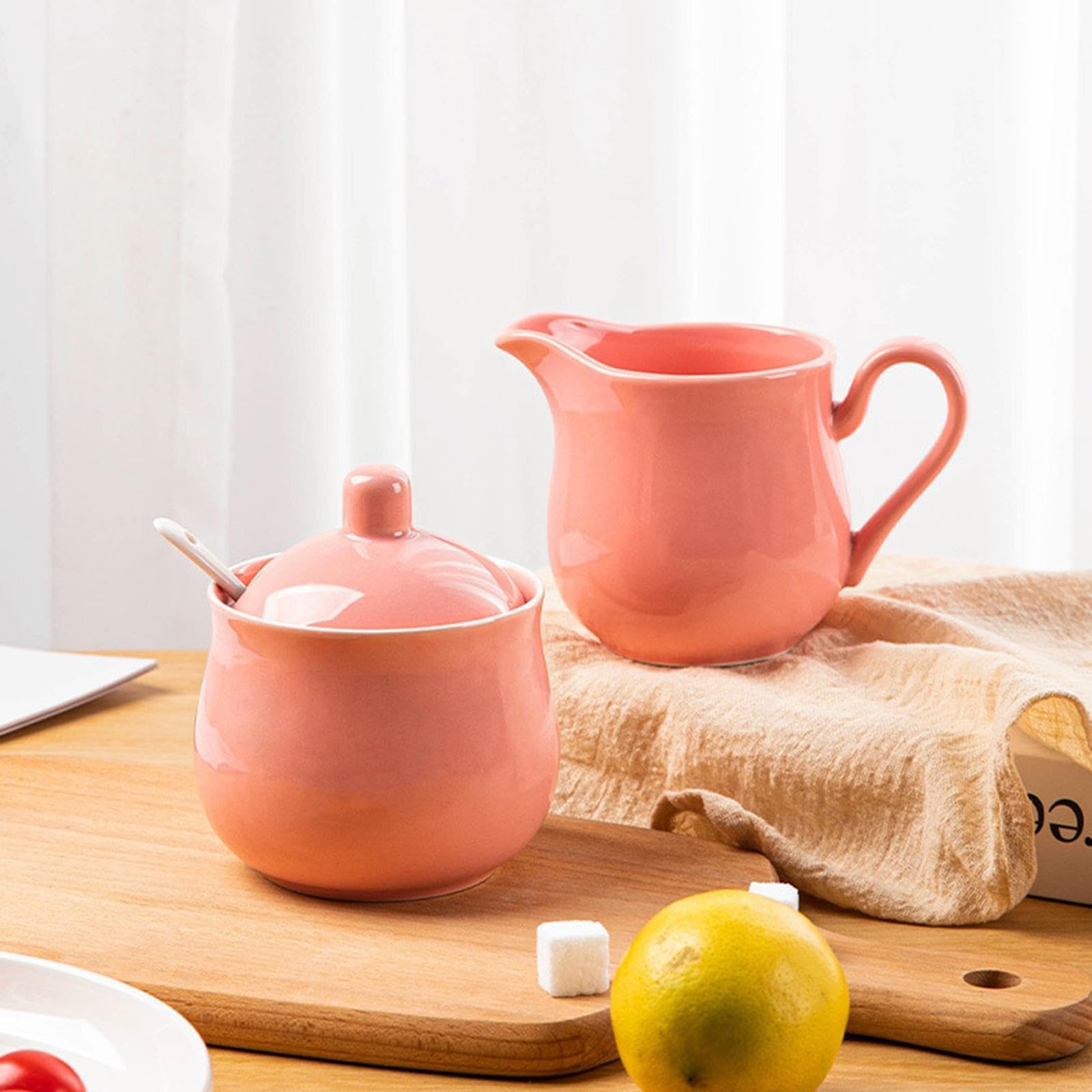 Sucrier Ensemble En Céramique Pichet à Crème Pot à Lait Boîte à Sucre avec Couvercle et Cuillère Compact Conçu pour Service Dîner Occidental D, Rose