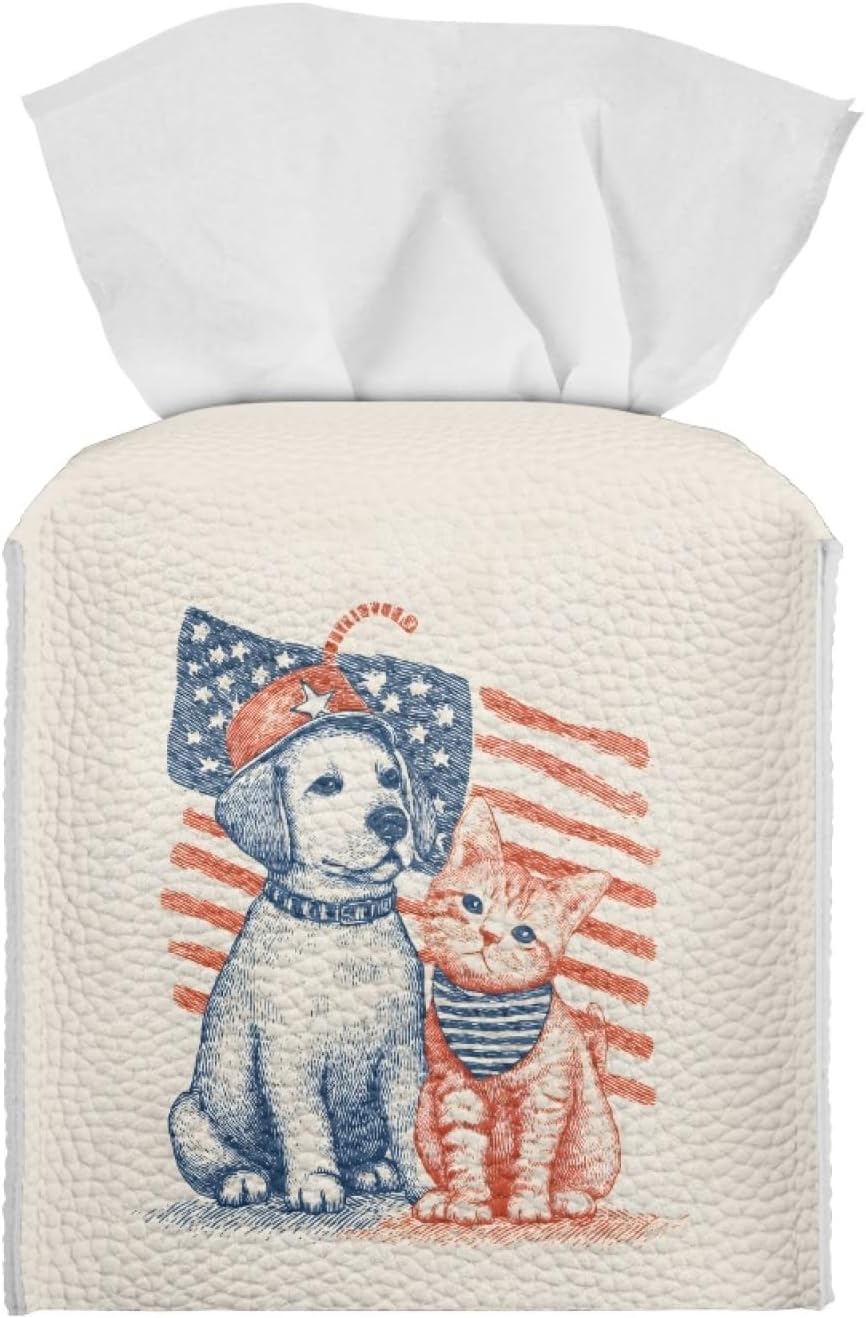 Tissue Box Cover Flag Animal PU Leather Square Tissue Box Holder Beige