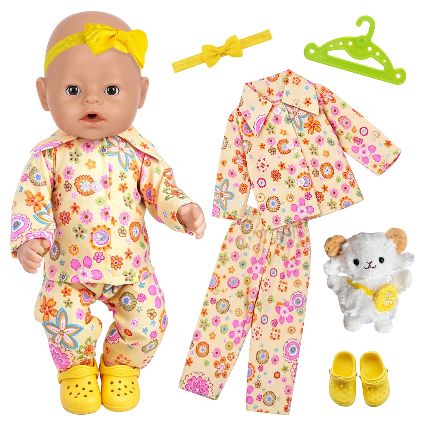 Baby Doll Clothes for 14–17 Inch Dolls, 6-Piece Doll Outfit Set with Top, Pants, Headband, Shoes, Hanger & Charm, Baby Doll Clothing Accessories Gift for Kids (Doll Not Included)