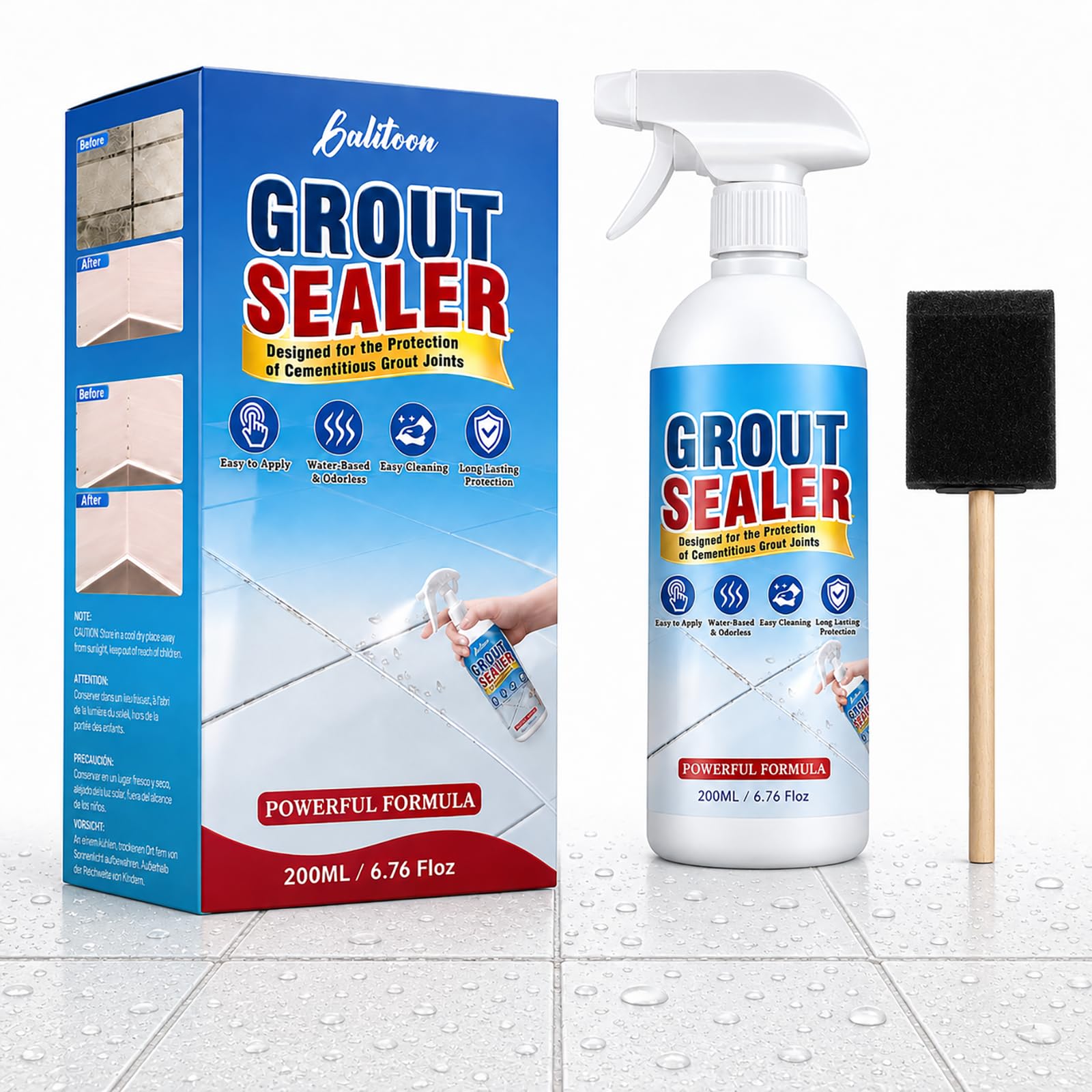 Grout Sealer for Shower Tile, 6.76 fl oz Waterproof Sealant Spray with Foam Brush, Water-Based Odorless Protection for Bathroom, Kitchen, Floors, Ceramic, Marble and Stone