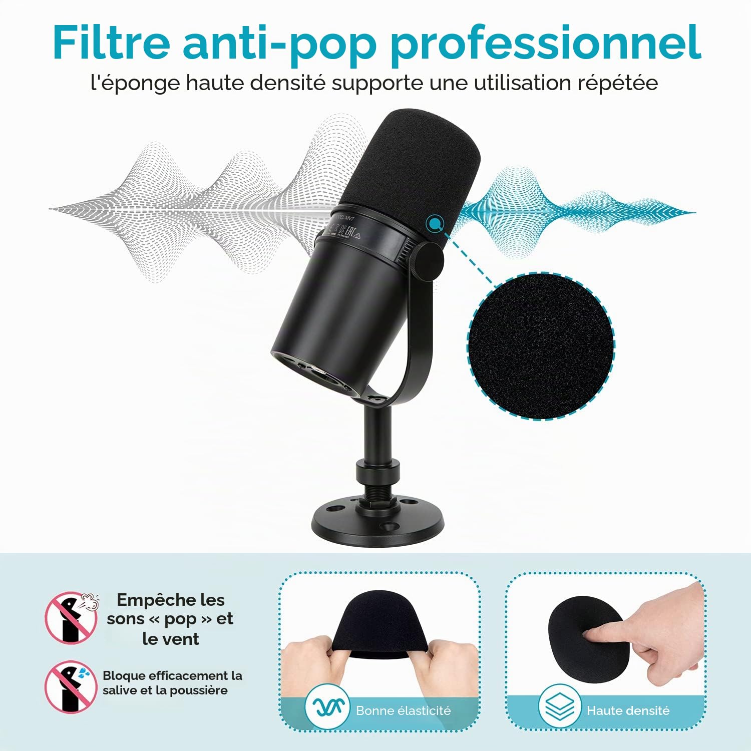 Shure MV7/MV7+ Bras Micro avec Bonnette Mousse, Support Micro Robuste Filtre Anti-Pop, Pied Pince Perche pour MV7X