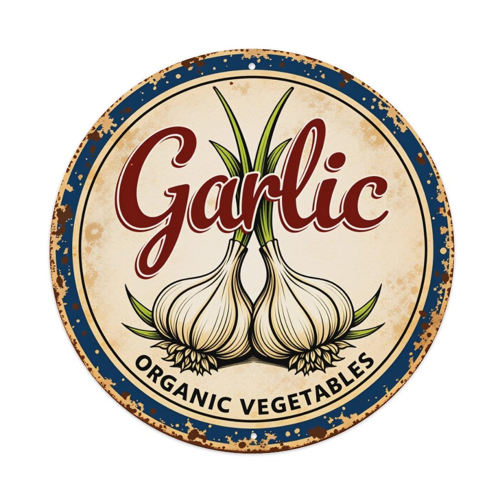 Garlic Organic Vegetables Label Design Round Tin Sign Vintage Style Metal Sign Home Bar Garden Wall Plaque Decor Metal Poster 8x8 Inch