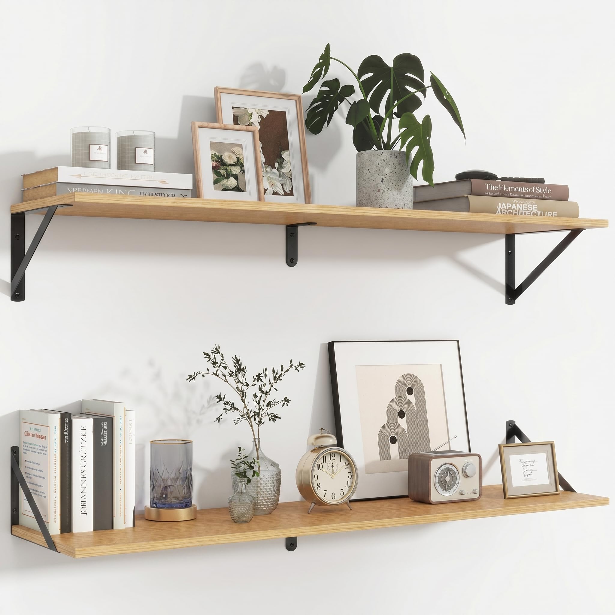 Feihorrm Juego de 2 estantes de Pared de 90 x 20 cm, estantes de Pared de Madera, Color Beige con Soporte de Metal, para salón, baño, Cocina, Estudio, Dormitorio