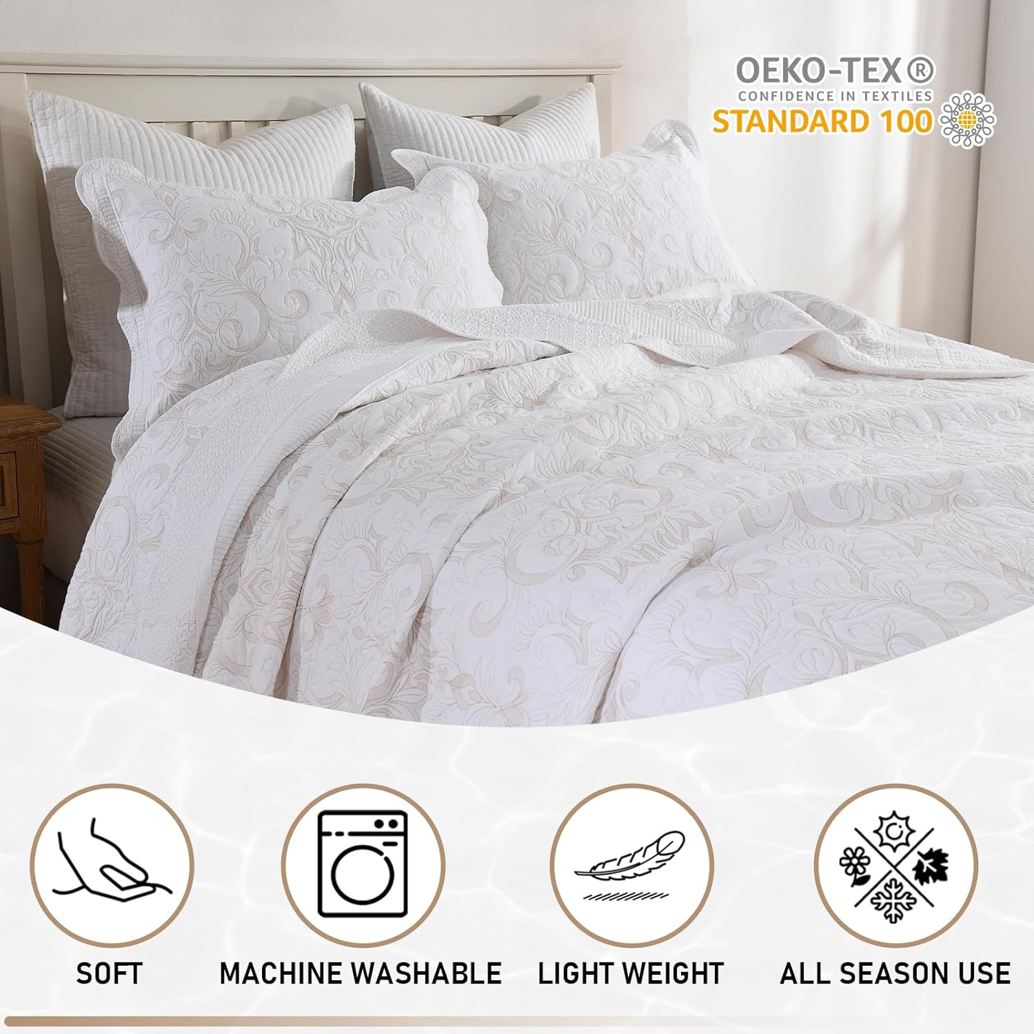 KALOOLA Embroidered Quilts Queen Size - 100% Cotton Lightweight Quilted Bedding Set 3 Pcs, Vintage Damask Pattern Bedspread with 2 Pillow Shams, Reversible Bed Coverlet for All Season, White/Beige - Image 8