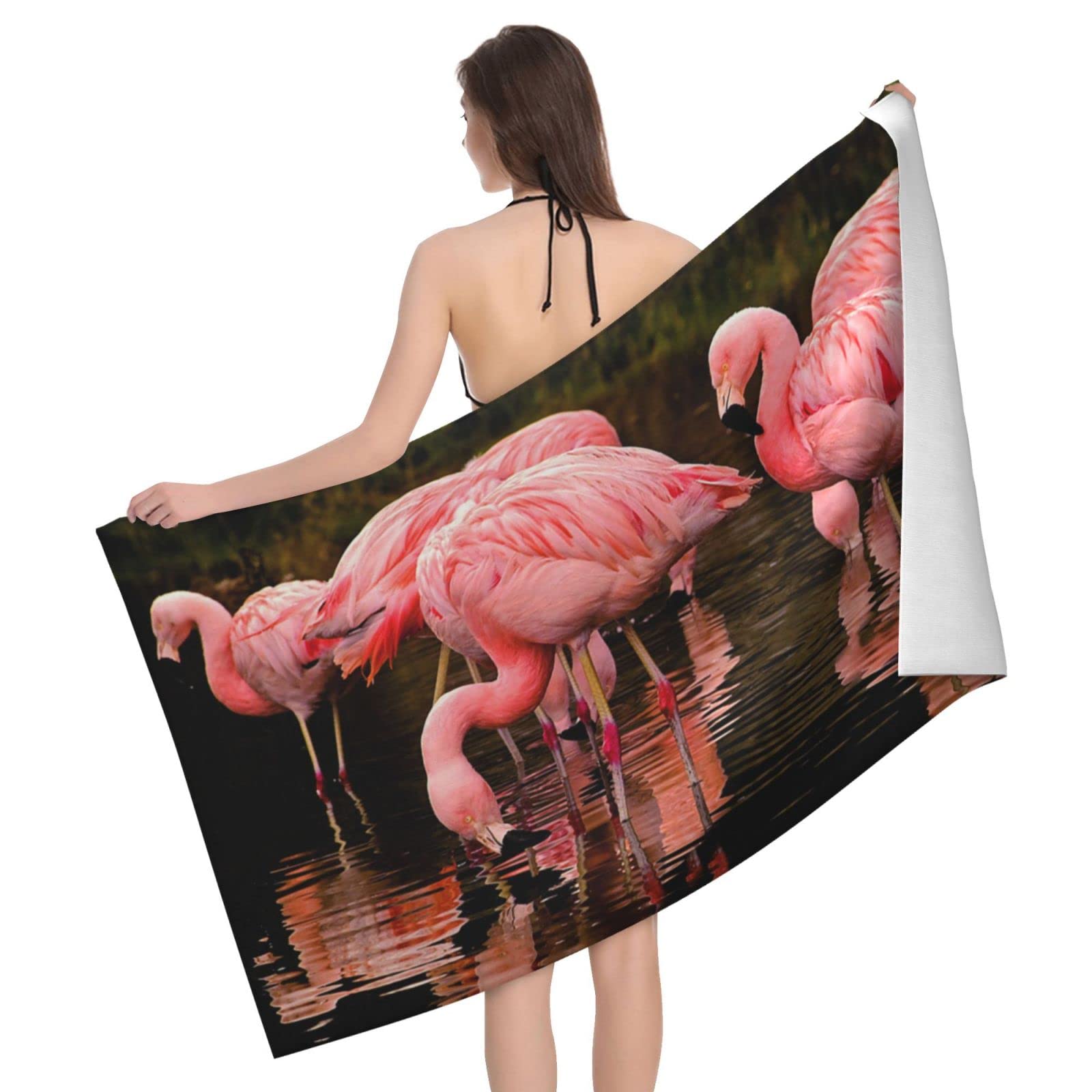 Lawenp Pink Flamingos Beach Towel, Lightweight Sand Free Quick Dry Microfiber Absorbent Bath Towel for Kids, Adults, Swimming, Bath, Yoga, Pool, Travel, Camping 32"X52"