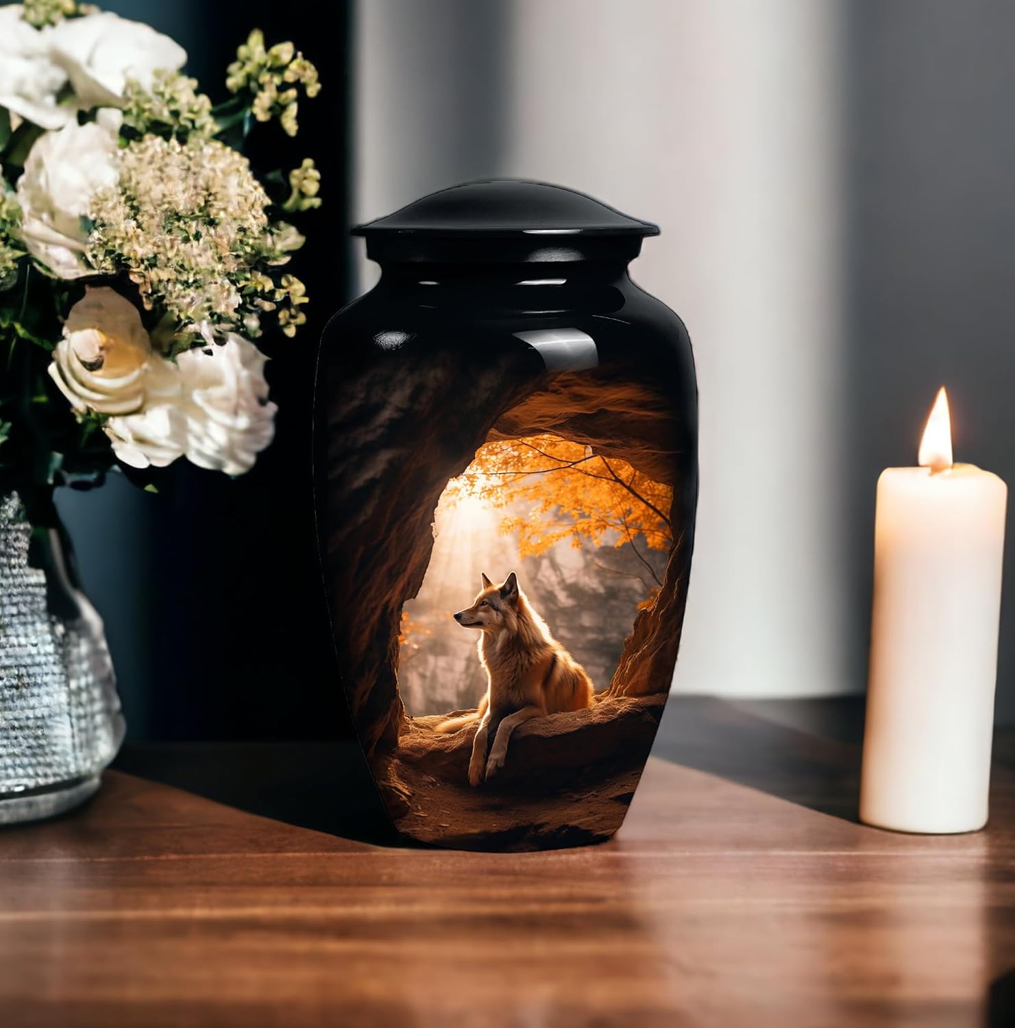 Wolf Cremation Urn for Adult Men & Women -Funeral Decotative Urns -Memorial for Human Remains Mom & Dad -Urn for Human Ashes for Adult Male & Female, Black, PAR-CUST-URN025